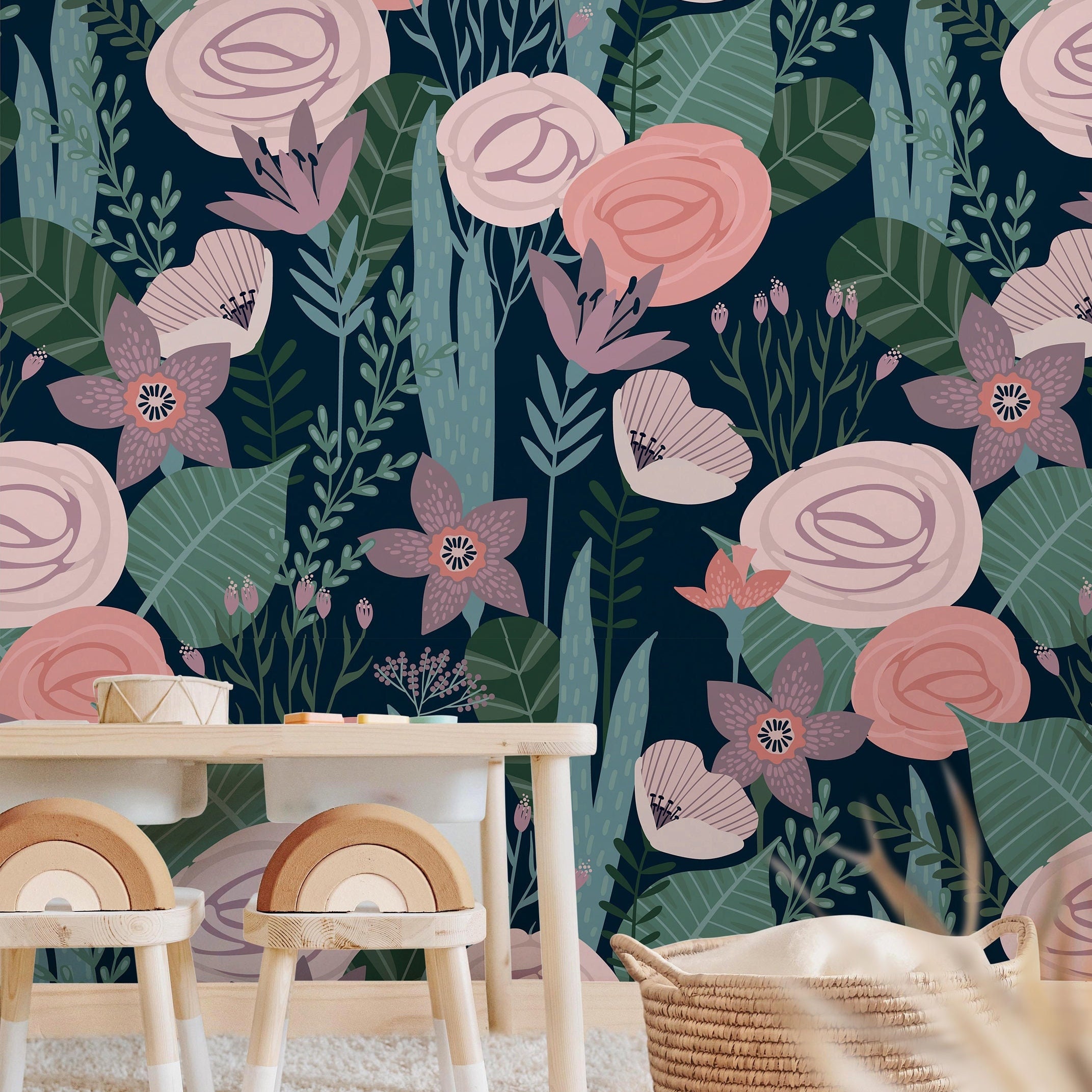 Dark Tropical Floral Wallpaper | Girls Nursery Wallpaper | Kids Wallpaper | Childrens Wallpaper | Peel Stick Removable Wallpaper | 358