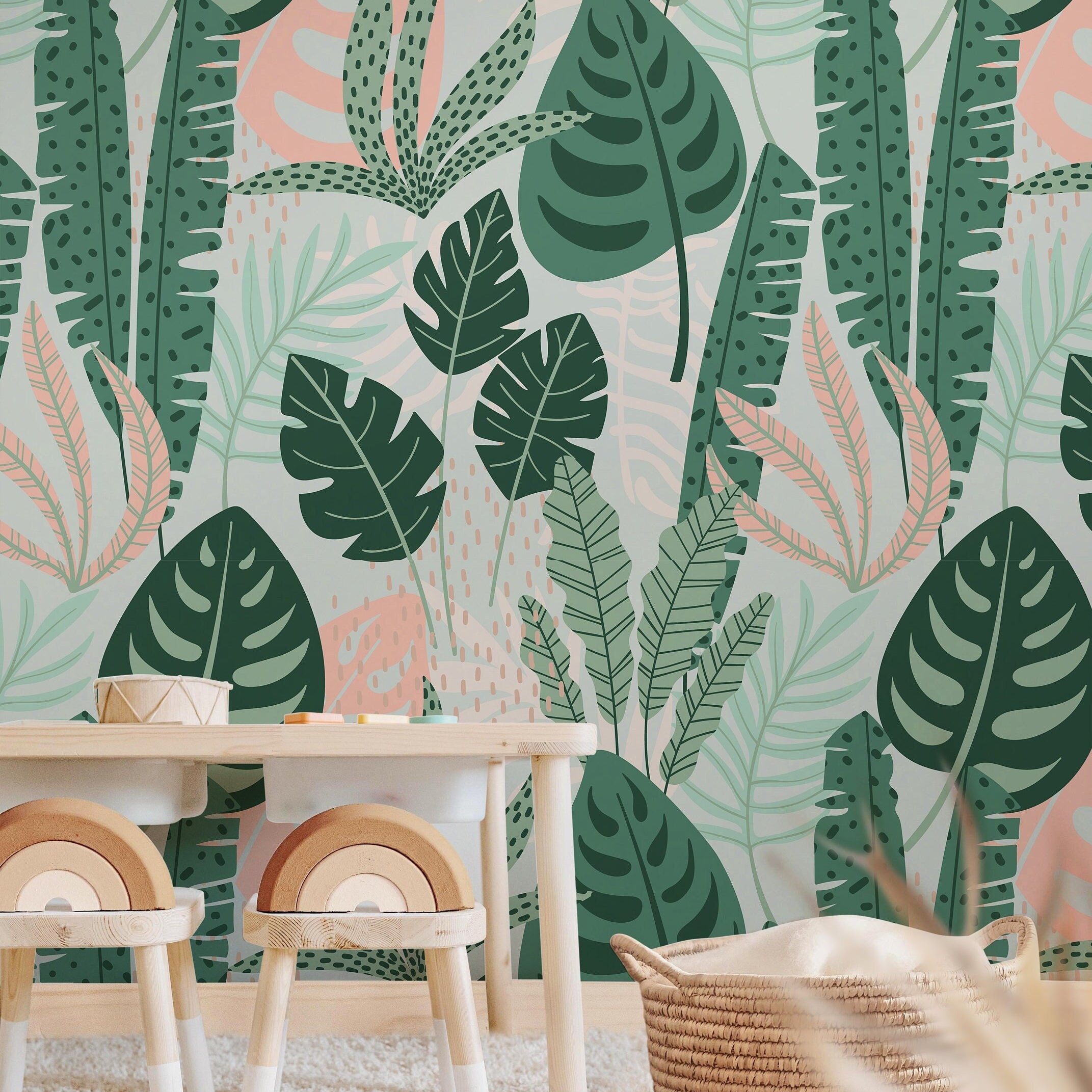Pink Green Tropical Floral Wallpaper | Girls Nursery Wallpaper | Kids Wallpaper | Childrens Wallpaper | Peel Stick Removable Wallpaper | 362