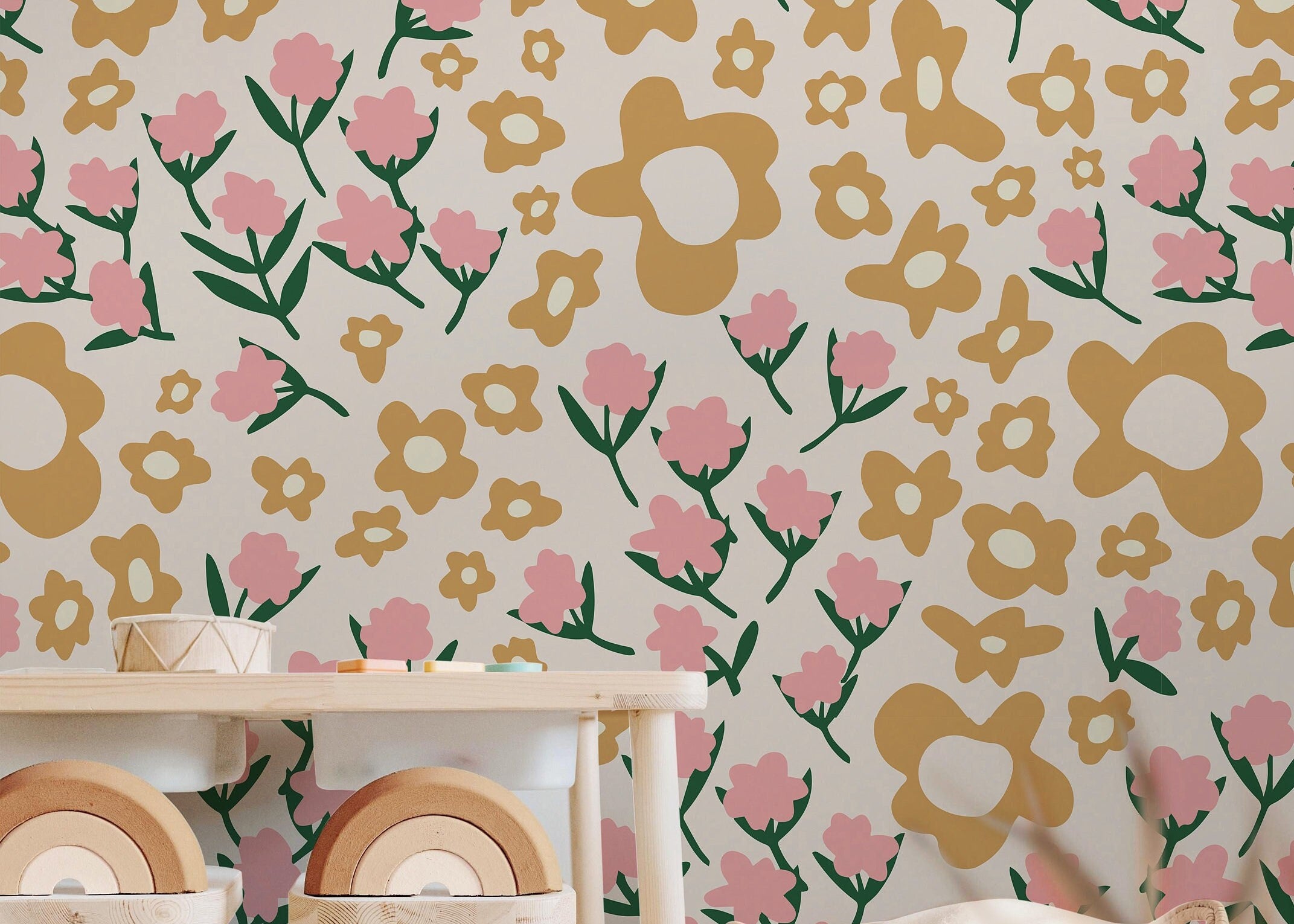 Floral Garden Wallpaper | Girls Nursery Wallpaper | Kids Wallpaper | Childrens Wallpaper | Peel Stick Removable Wallpaper | 354