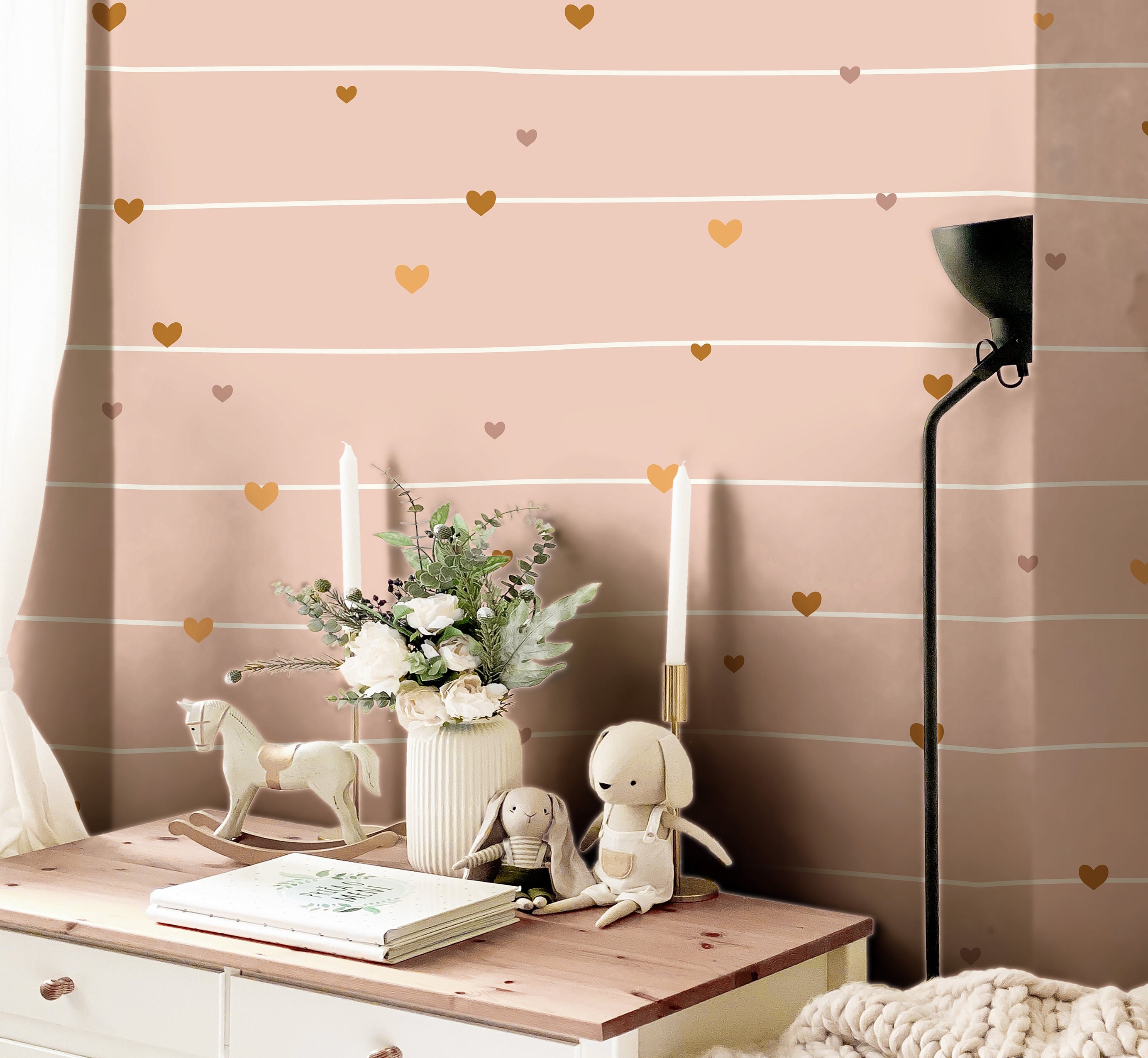 Pink Heart Strings Wallpaper | Girls Nursery Wallpaper | Kids Wallpaper | Childrens Wallpaper | Peel Stick Removable Wallpaper | 243 - James And Colors