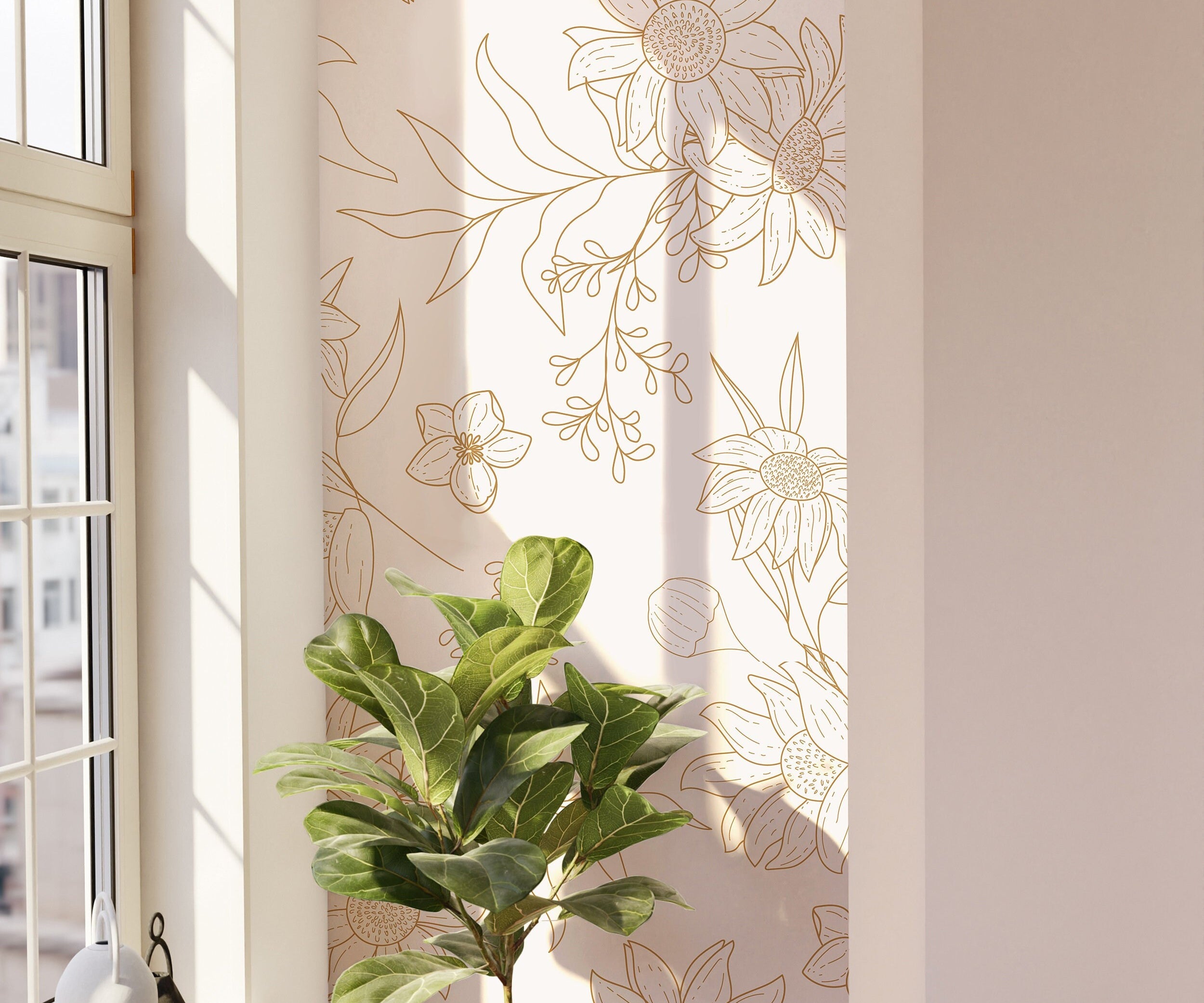 Wallpaper Peel and Stick Wallpaper Golden Outline Wildflower Floral Removable Wallpaper Wall Decor Home Decor Wall Art Room Decor 275