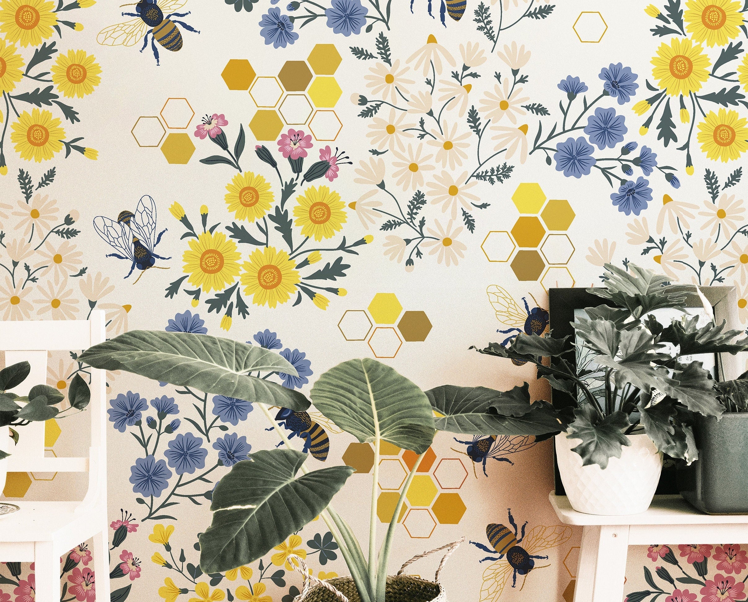 Honeybee Florals Wallpaper Peel and Stick Wallpaper Removable Wallpaper Wall Decor Home Decor Wall Art Printable Wall Art Room Decor 300
