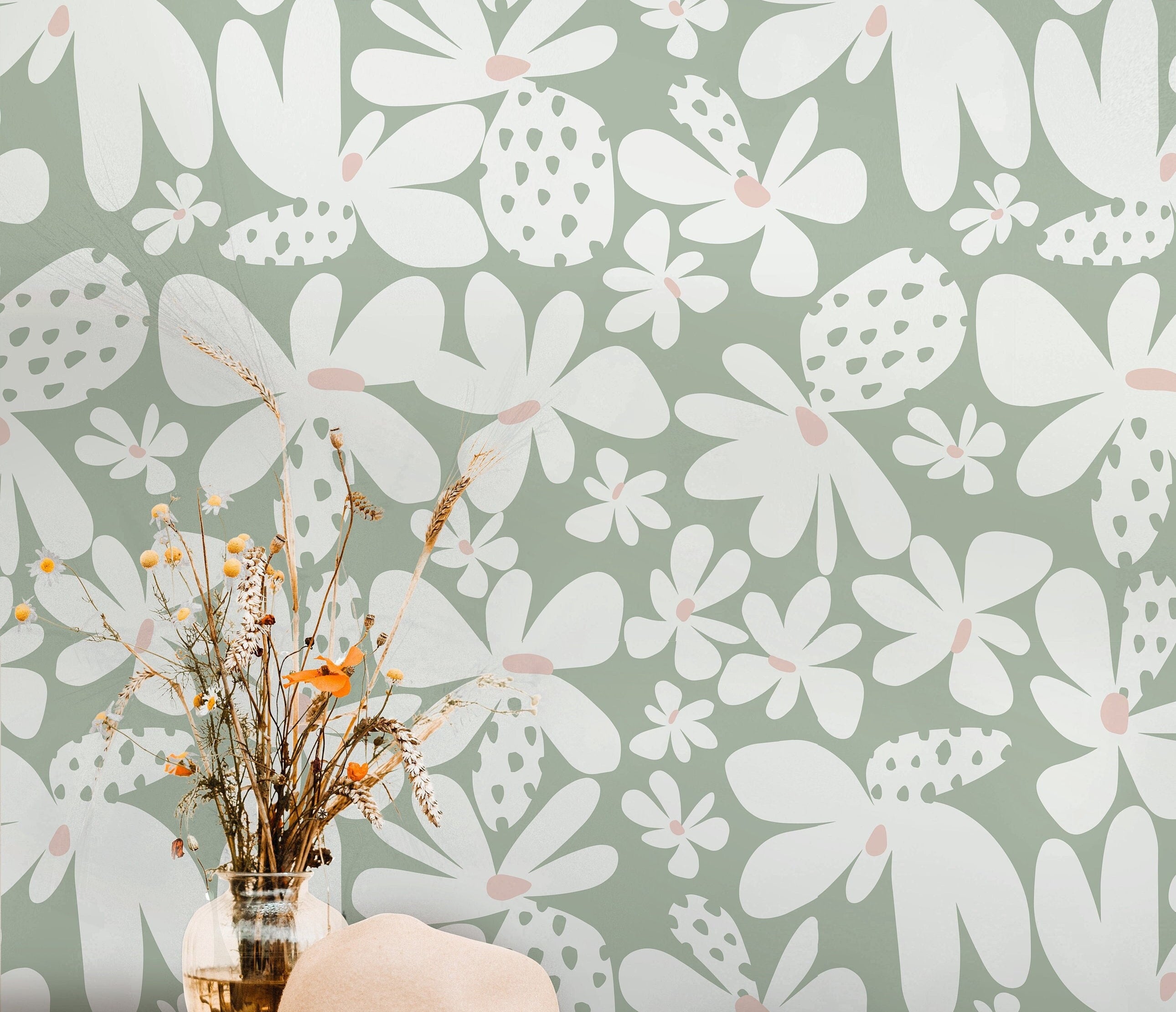 Vintage Daisy Floral Wallpaper Peel and Stick Wallpaper Removable Wallpaper Wall Decor Home Decor Wall Art Printable Wall Art Room Decor 318