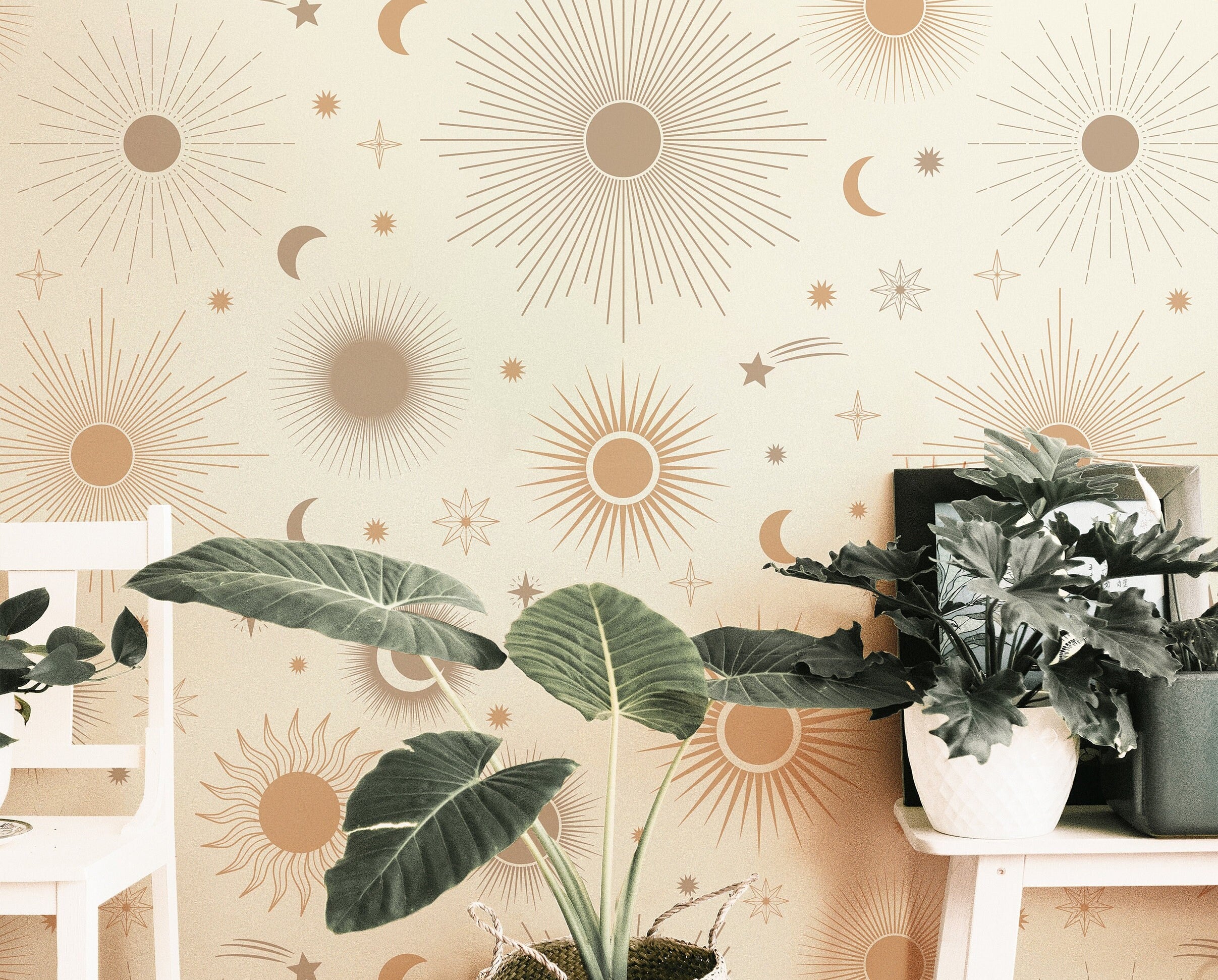 Boho Gold Cream Sun Wallpaper Peel and Stick Wallpaper Removable Wallpaper Wall Decor Home Decor Wall Art Printable Wall Art Room Decor 322 - JamesAndColors