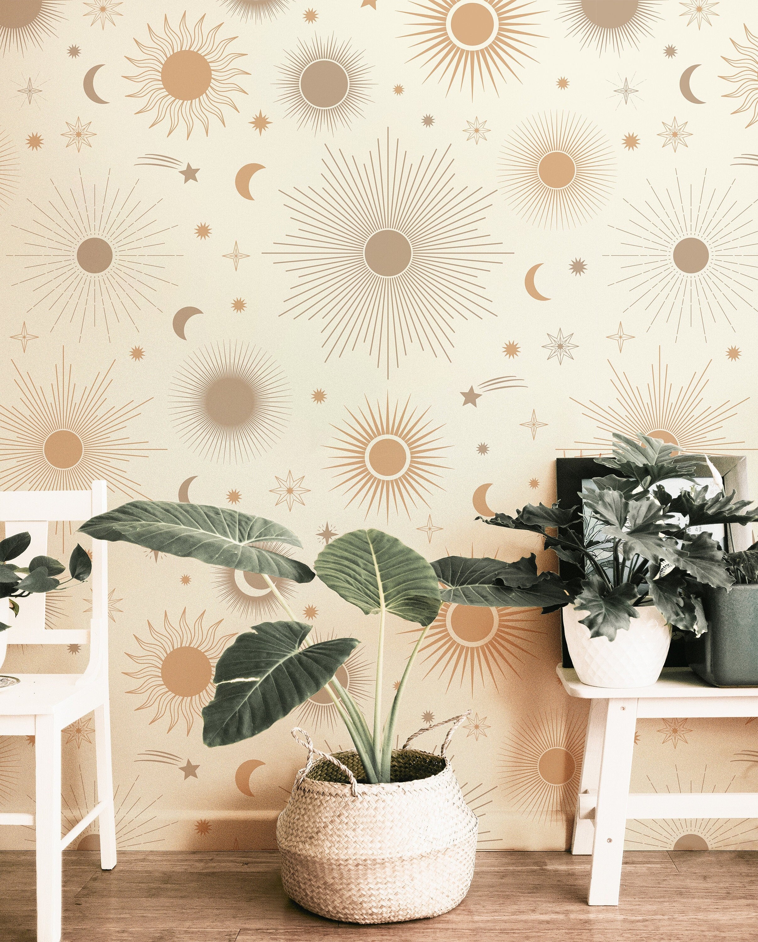 Boho Gold Cream Sun Wallpaper Peel and Stick Wallpaper Removable Wallpaper Wall Decor Home Decor Wall Art Printable Wall Art Room Decor 322 - JamesAndColors