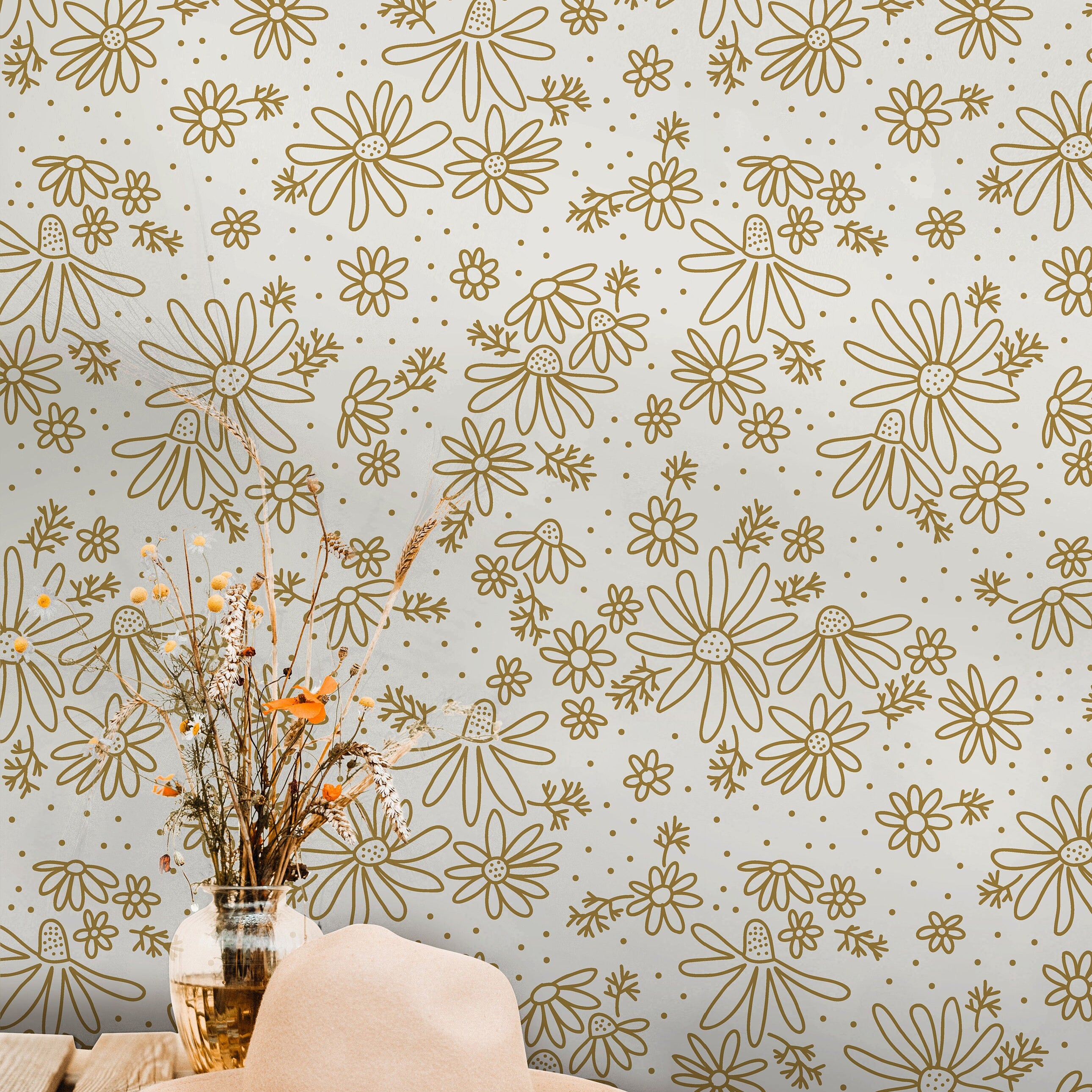 Golden Daisy Floral Wallpaper Peel and Stick Wallpaper Removable Wallpaper Wall Decor Home Decor Wall Art Printable Wall Art Room Decor 337