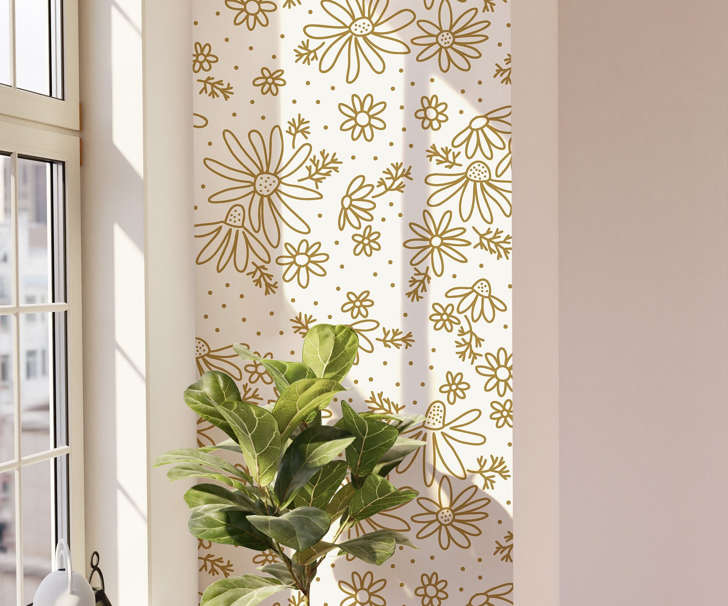 Golden Daisy Floral Wallpaper Peel and Stick Wallpaper Removable Wallpaper Wall Decor Home Decor Wall Art Printable Wall Art Room Decor 337