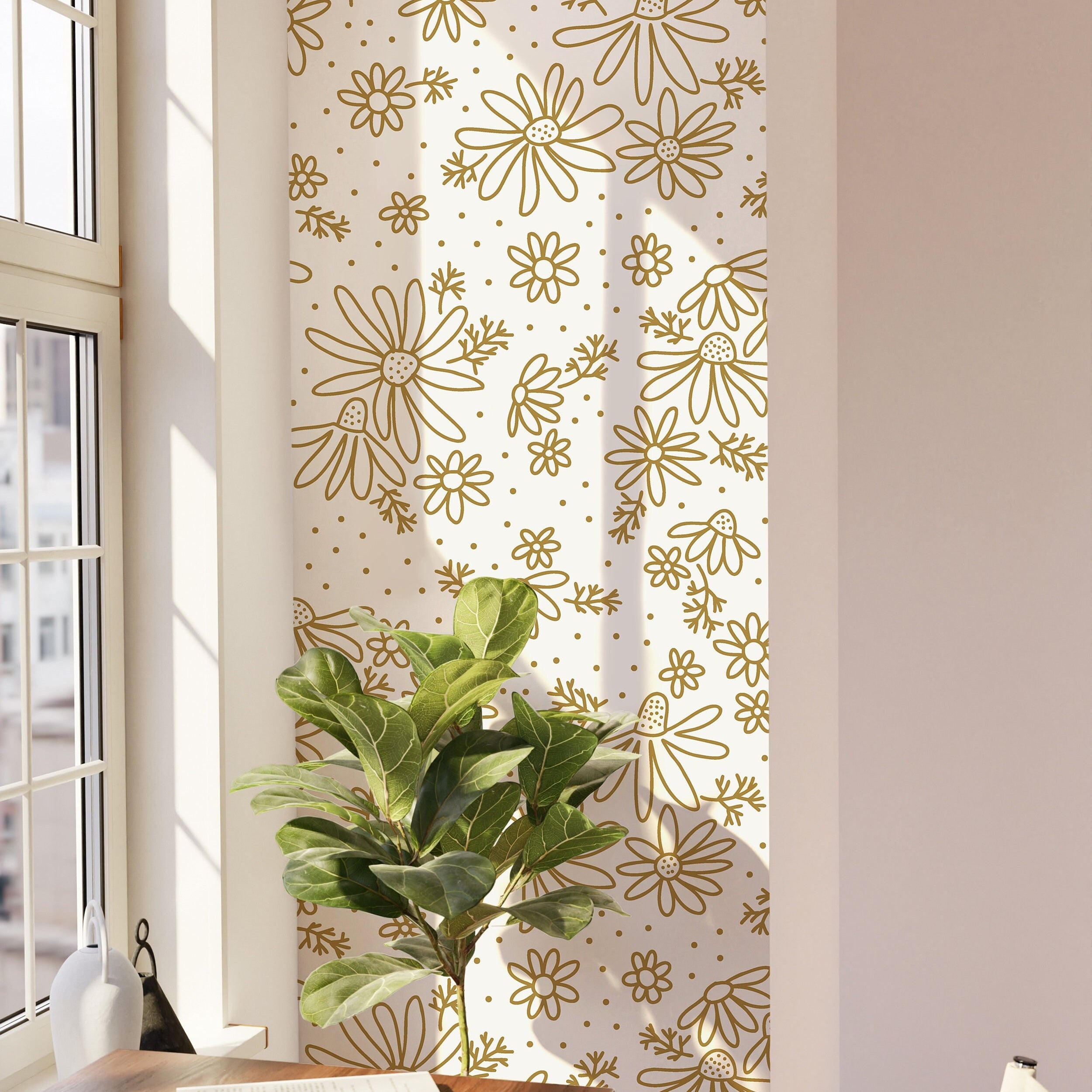 Golden Daisy Floral Wallpaper Peel and Stick Wallpaper Removable Wallpaper Wall Decor Home Decor Wall Art Printable Wall Art Room Decor 337