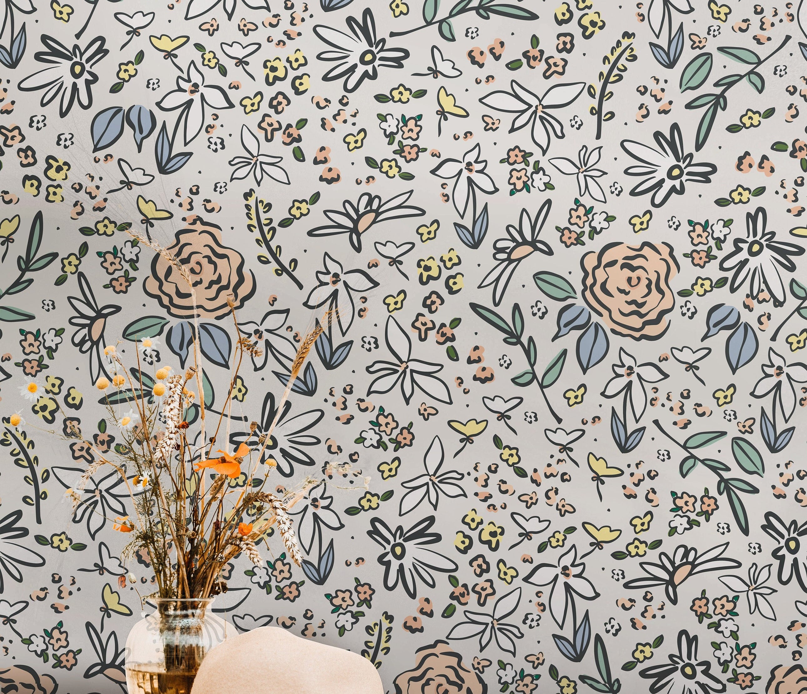 Floral Doodle Wallpaper Peel and Stick Wallpaper Removable Wallpaper Wall Decor Home Decor Wall Art Printable Wall Art Room Decor 334
