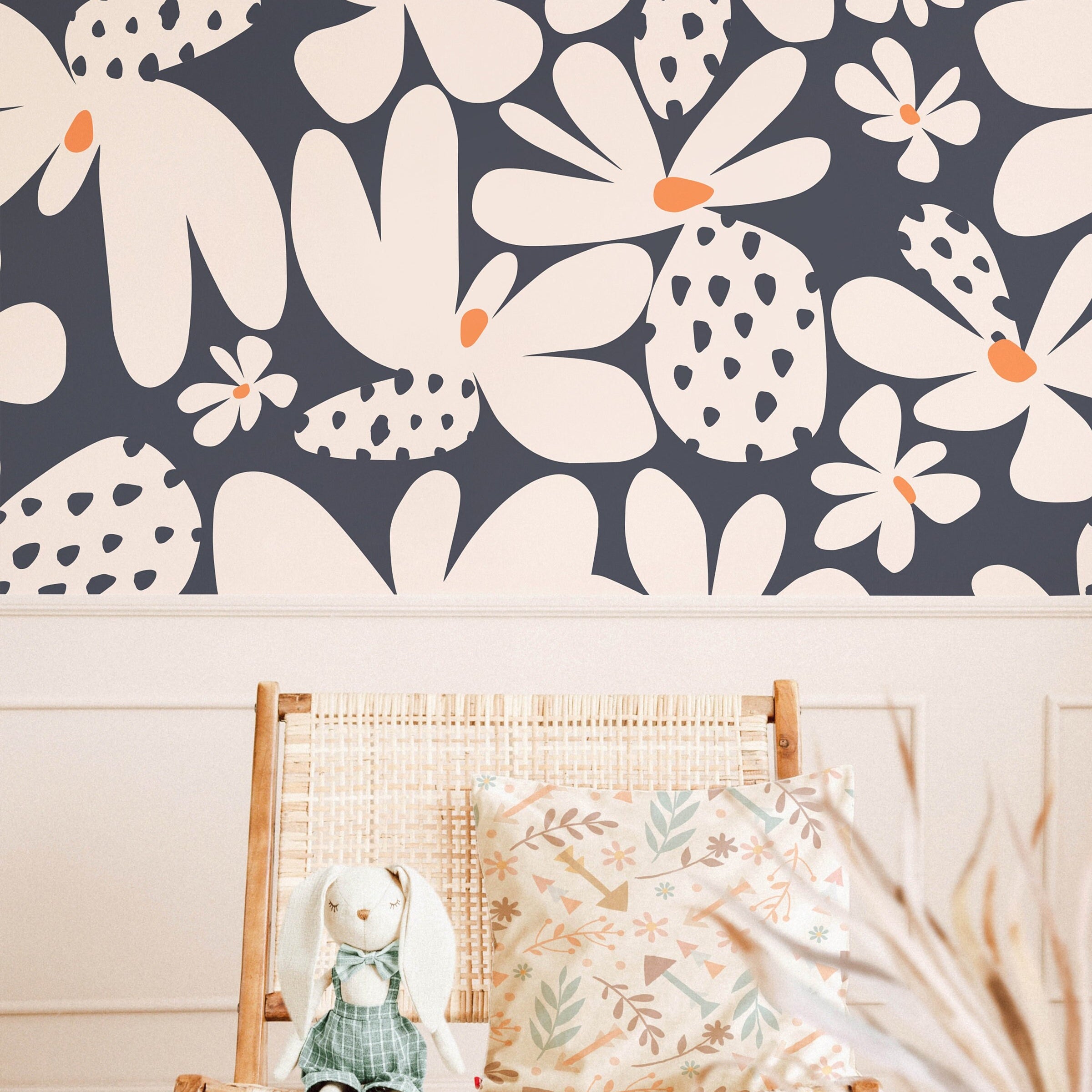 Large Flowers Navy Blue Wallpaper | Girls Nursery Wallpaper | Kids Wallpaper | Childrens Wallpaper | Peel Stick Removable Wallpaper | 367 - James And Colors