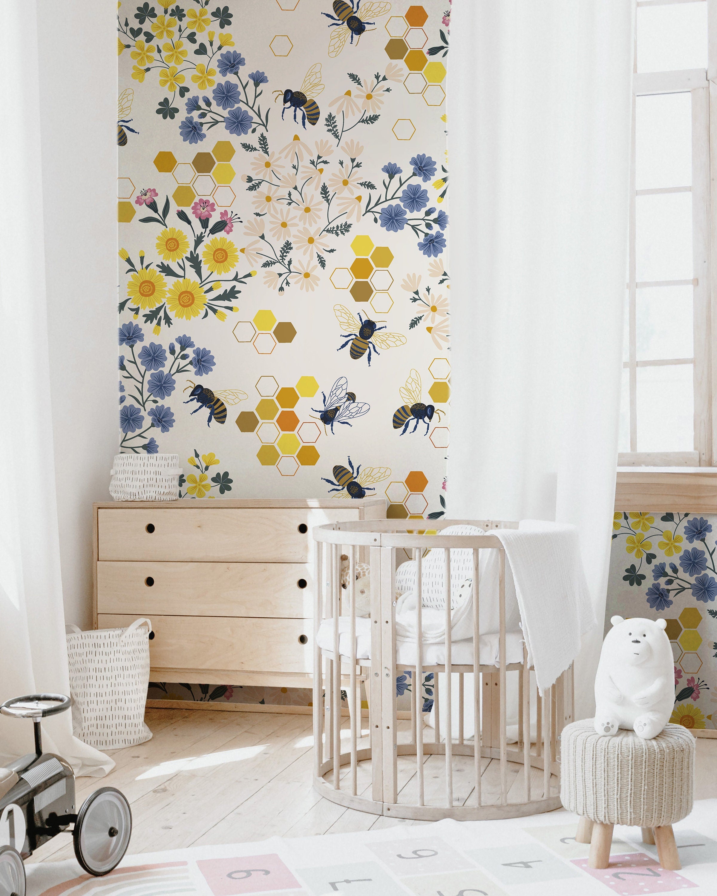 Honeybee Floral Wallpaper | Girls Nursery Wallpaper | Kids Wallpaper | Childrens Wallpaper | Peel Stick Removable Wallpaper | 363