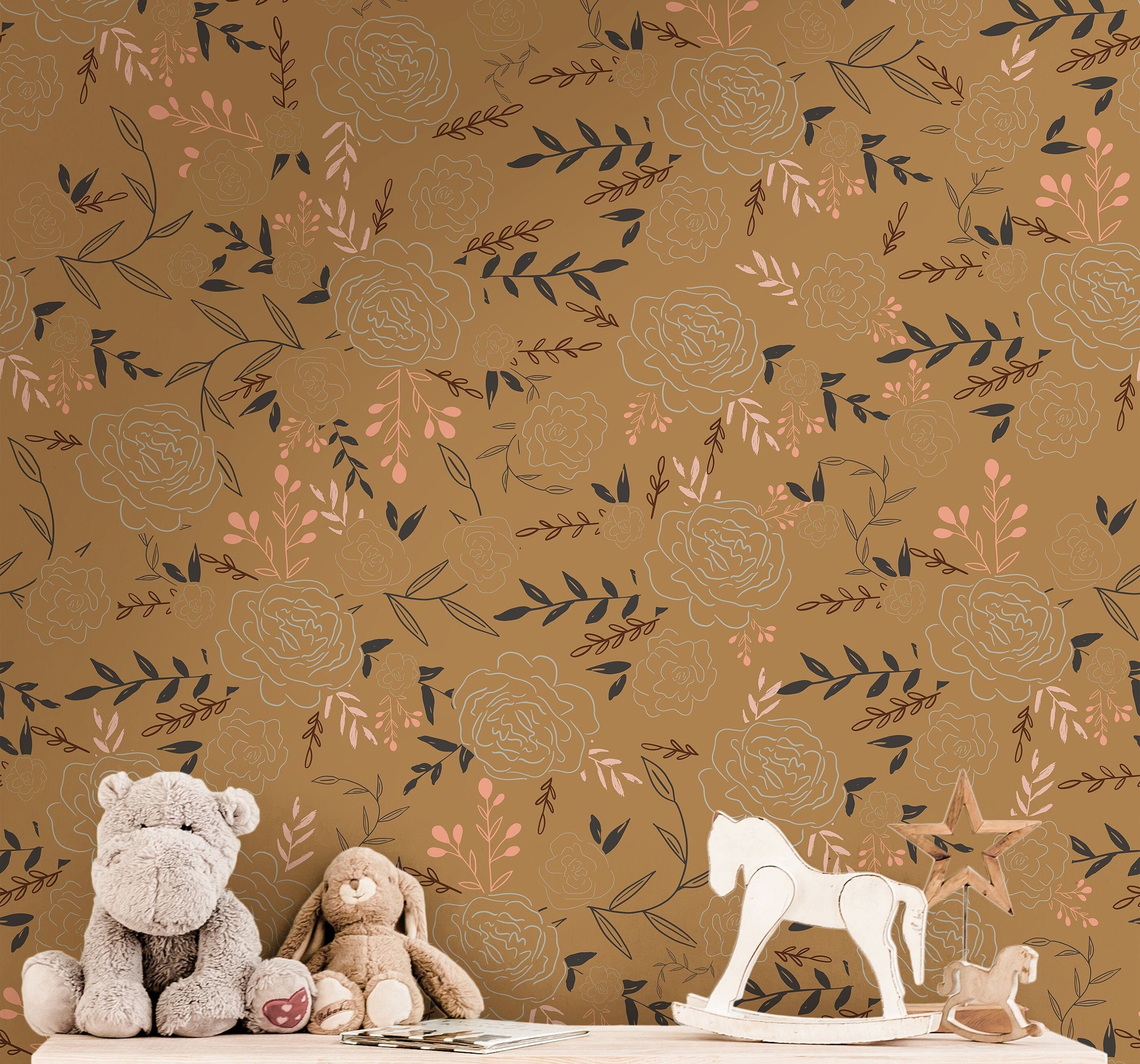 Floral Garden Boho Wallpaper | Girls Nursery Wallpaper | Kids Wallpaper | Childrens Wallpaper | Peel Stick Removable Wallpaper | 383