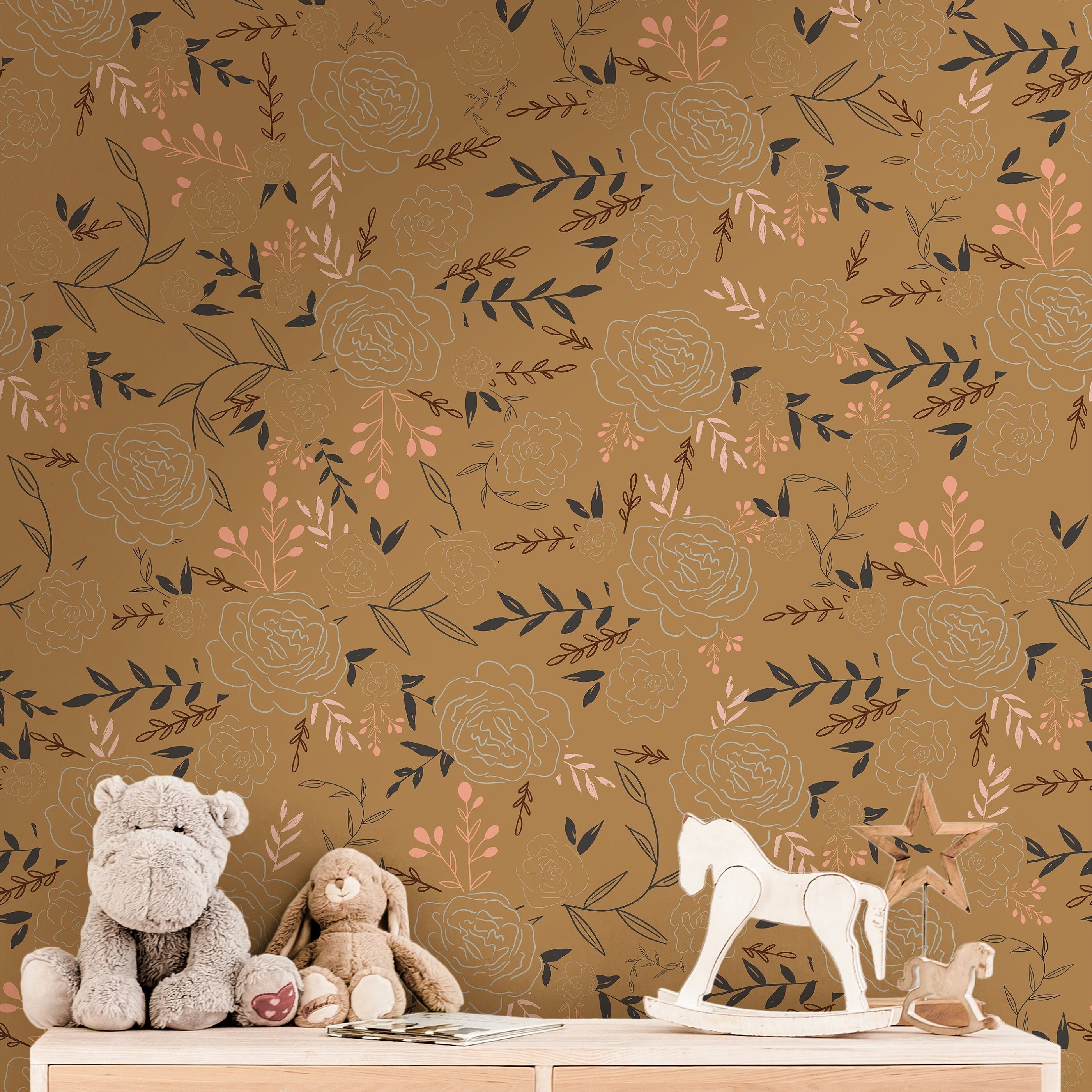 Floral Garden Boho Wallpaper | Girls Nursery Wallpaper | Kids Wallpaper | Childrens Wallpaper | Peel Stick Removable Wallpaper | 383