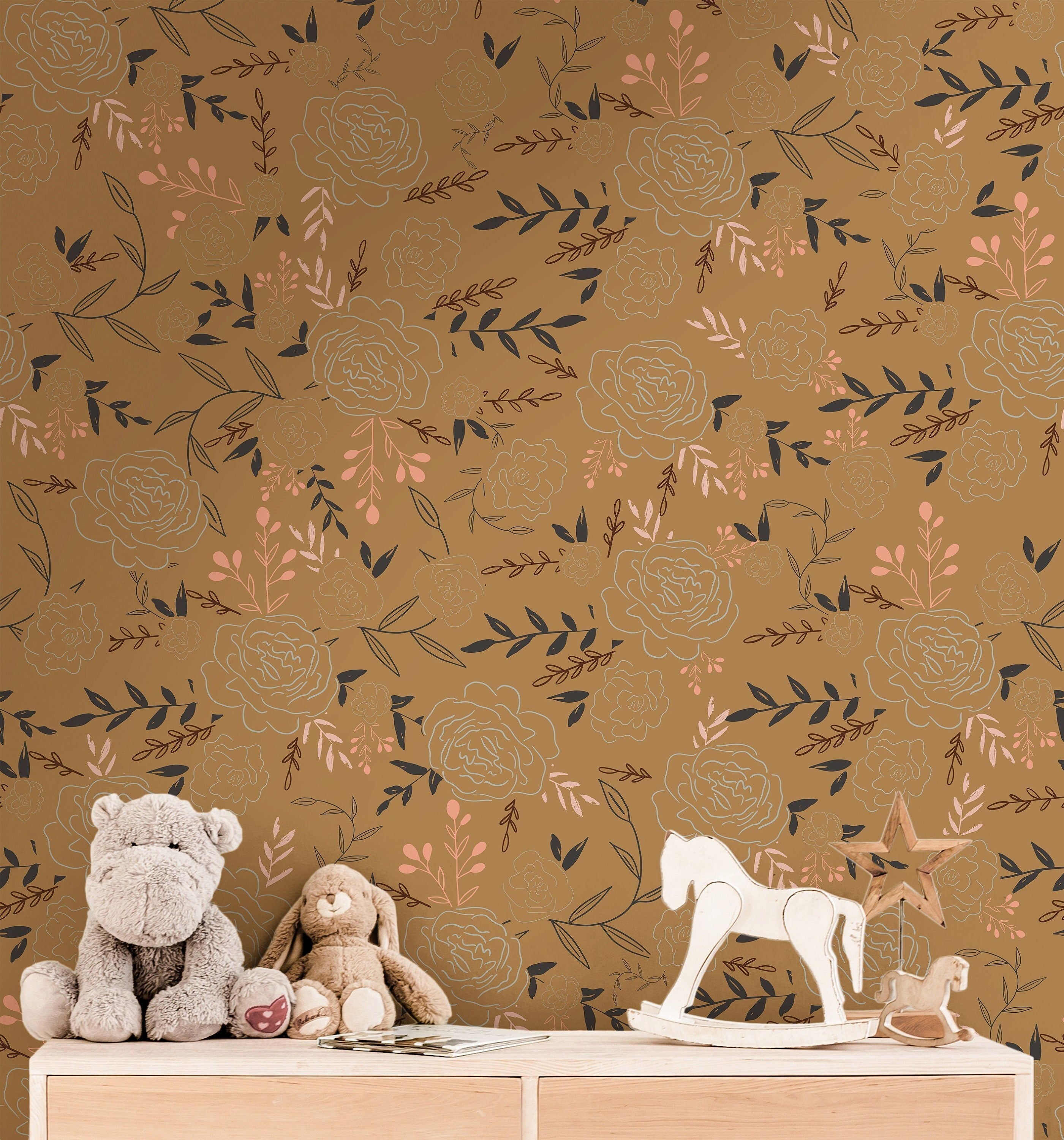 Floral Garden Boho Wallpaper | Girls Nursery Wallpaper | Kids Wallpaper | Childrens Wallpaper | Peel Stick Removable Wallpaper | 383