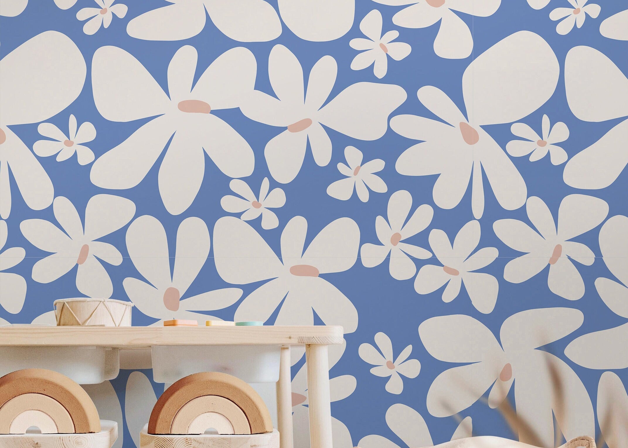 Large Retro Blue Floral Wallpaper | Girls Nursery Wallpaper | Kids Wallpaper | Childrens Wallpaper | Peel Stick Removable Wallpaper | 361