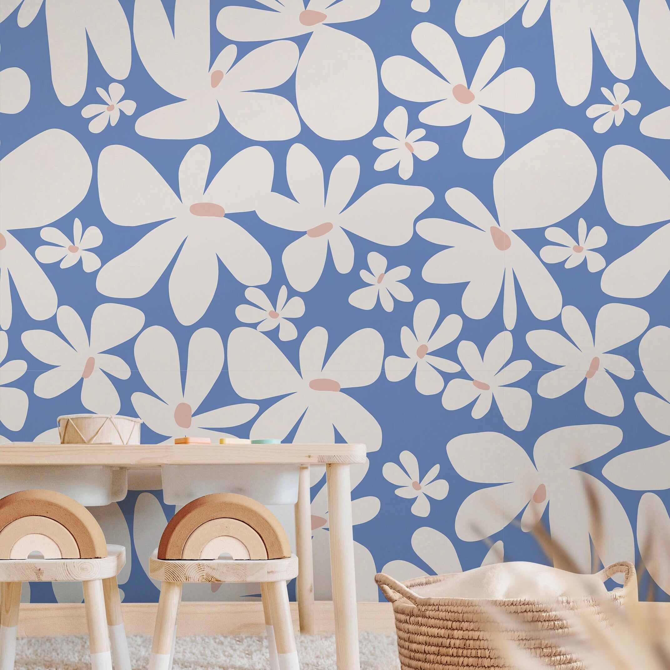 Large Retro Blue Floral Wallpaper | Girls Nursery Wallpaper | Kids Wallpaper | Childrens Wallpaper | Peel Stick Removable Wallpaper | 361