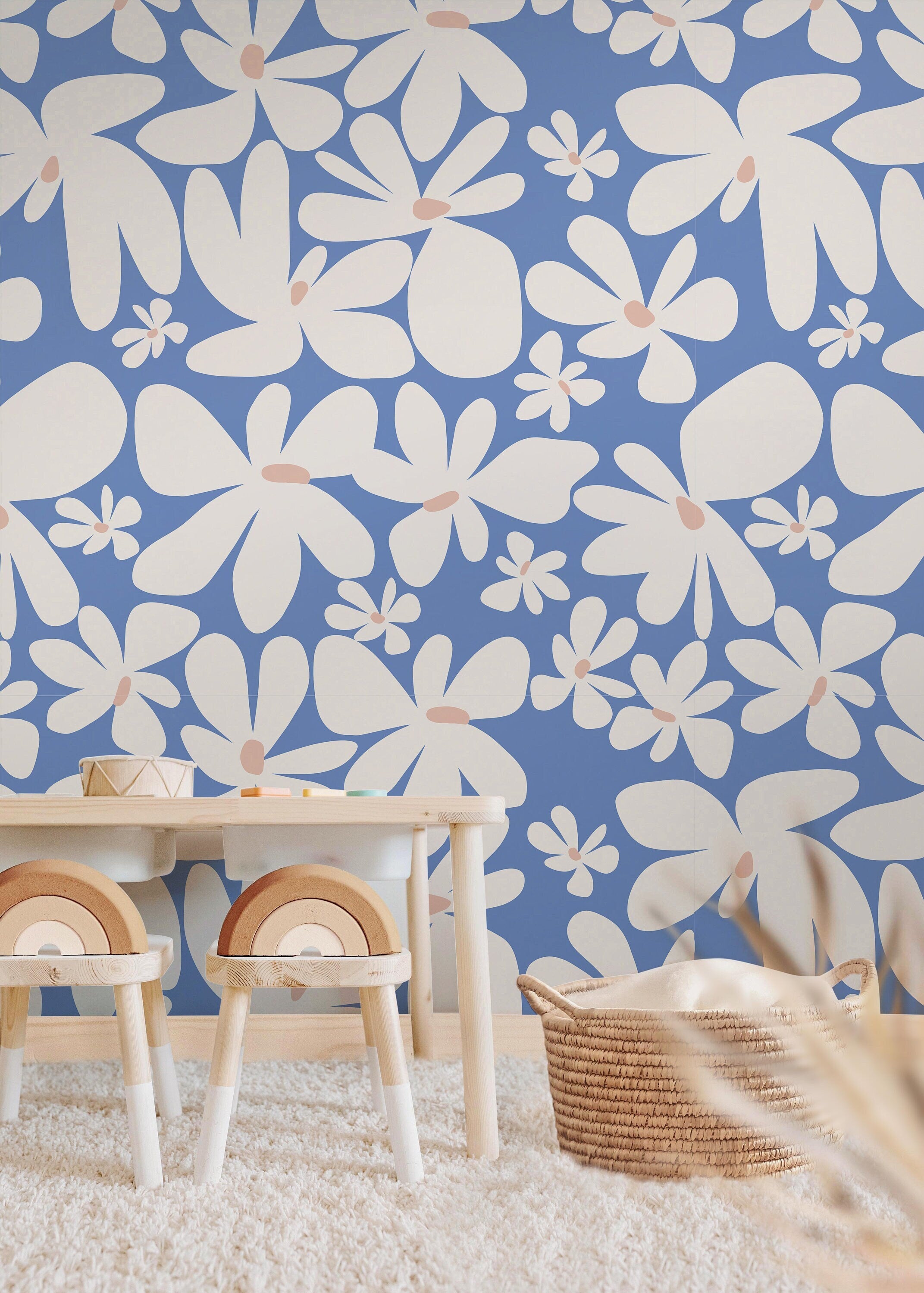 Large Retro Blue Floral Wallpaper | Girls Nursery Wallpaper | Kids Wallpaper | Childrens Wallpaper | Peel Stick Removable Wallpaper | 361
