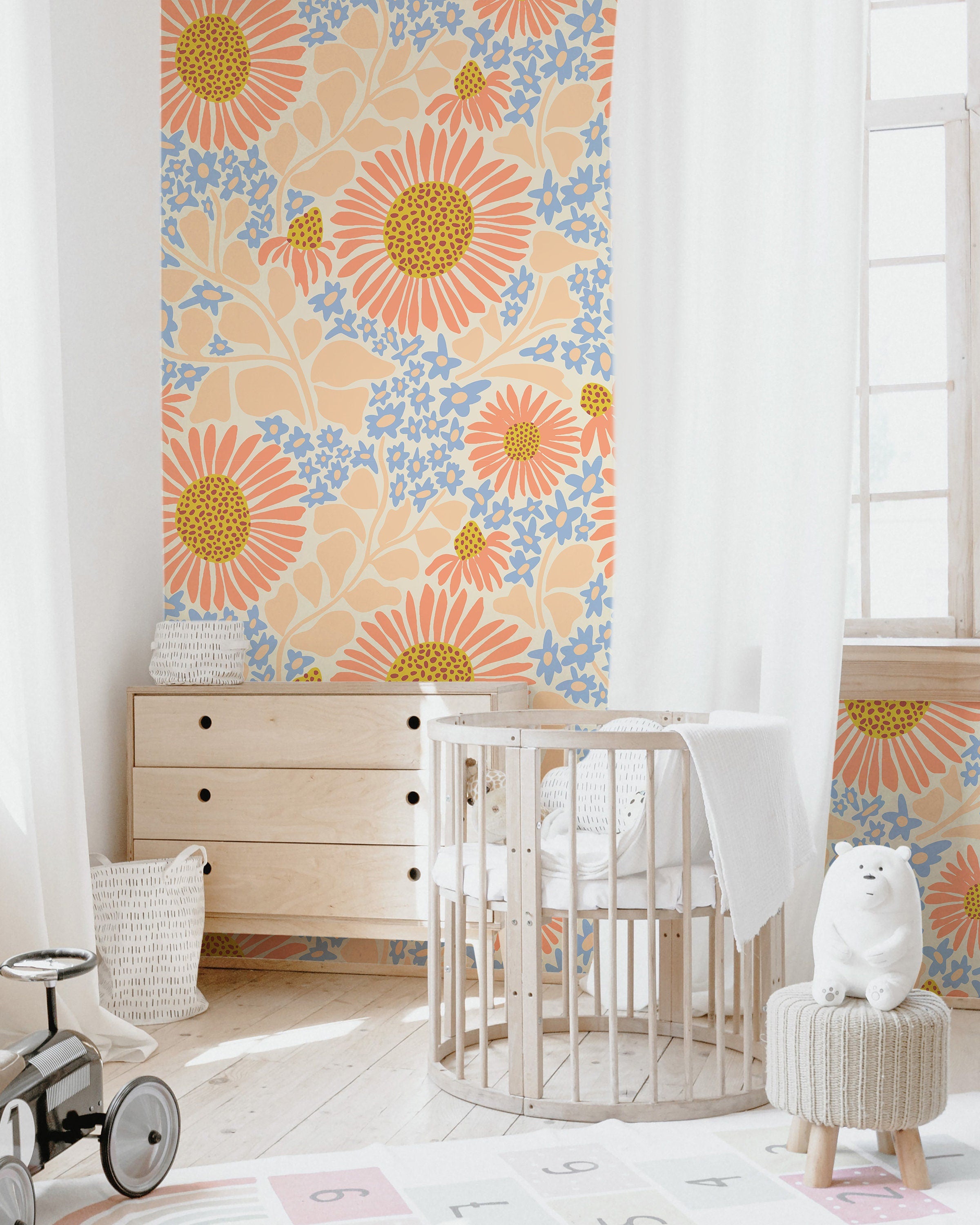 Large Pastel Floral Wallpaper | Girls Nursery Wallpaper | Kids Wallpaper | Childrens Wallpaper | Peel Stick Removable Wallpaper | 355