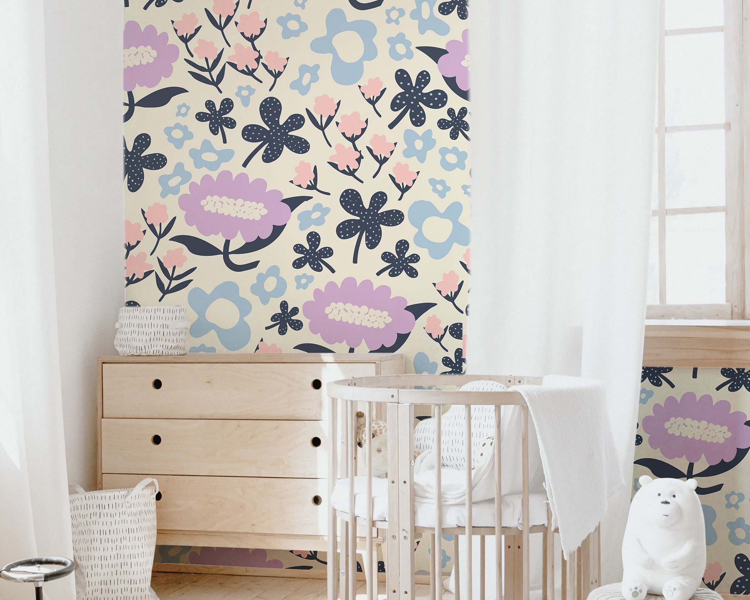 Floral Garden Wallpaper | Girls Nursery Wallpaper | Kids Wallpaper | Childrens Wallpaper | Peel Stick Removable Wallpaper | 356