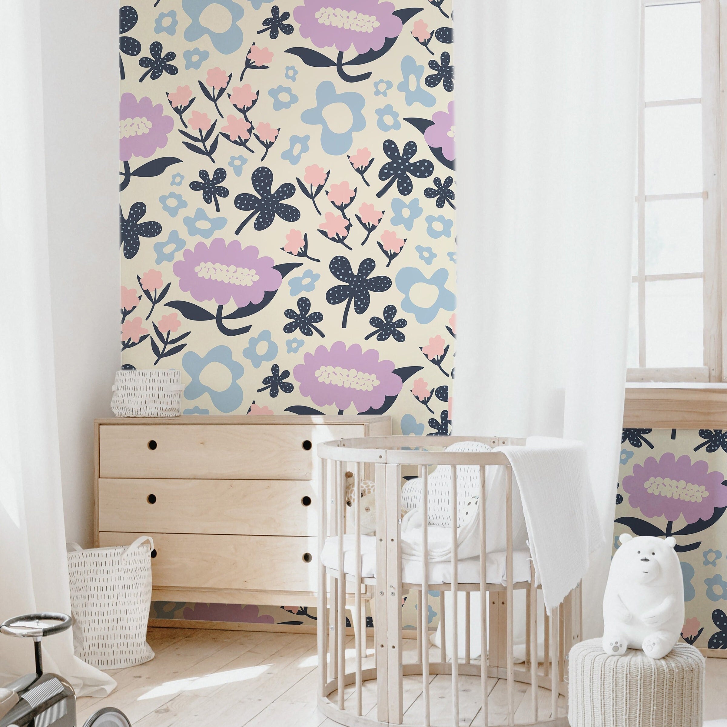 Floral Garden Wallpaper | Girls Nursery Wallpaper | Kids Wallpaper | Childrens Wallpaper | Peel Stick Removable Wallpaper | 356