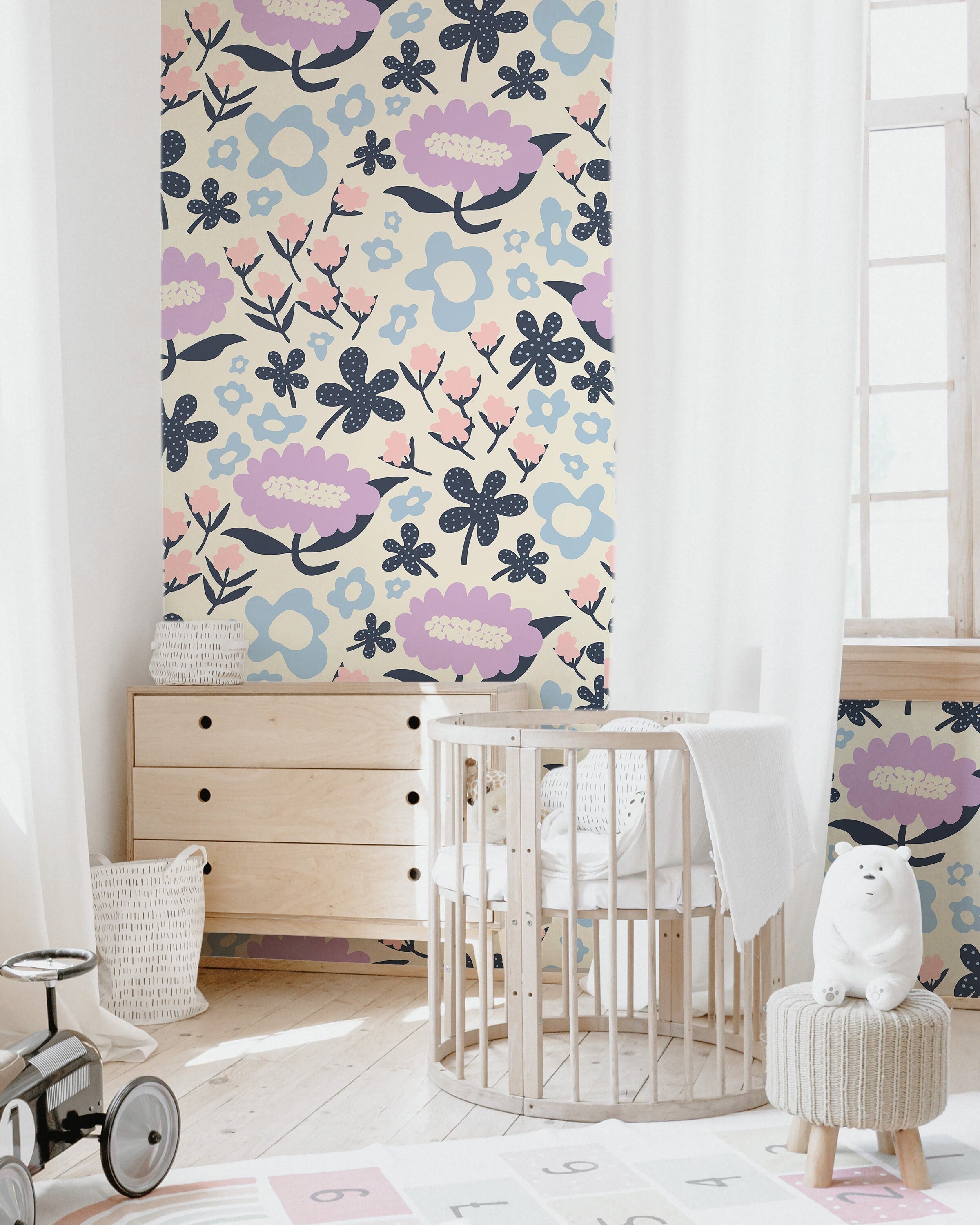 Floral Garden Wallpaper | Girls Nursery Wallpaper | Kids Wallpaper | Childrens Wallpaper | Peel Stick Removable Wallpaper | 356