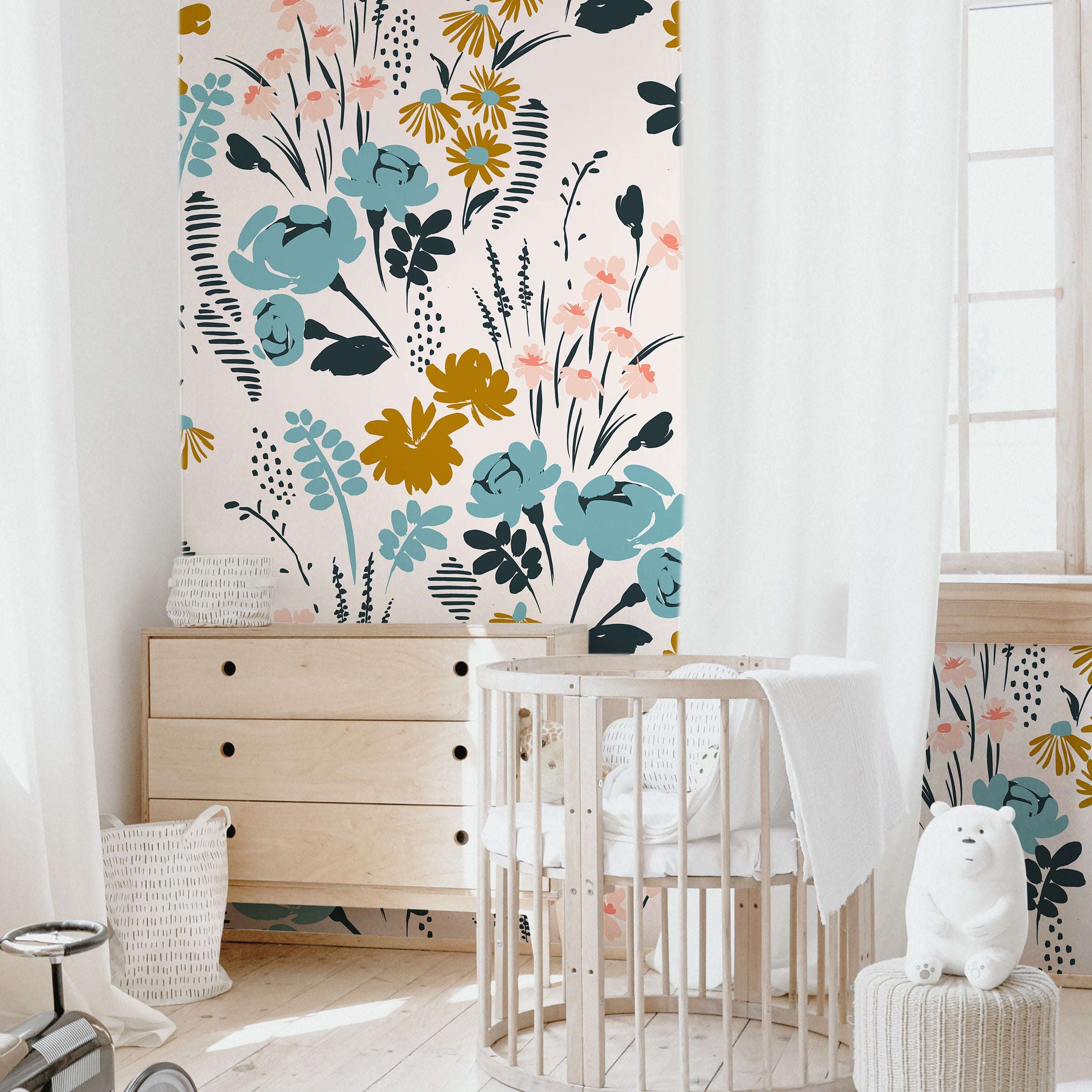 Floral Garden Wallpaper | Girls Nursery Wallpaper | Kids Wallpaper | Childrens Wallpaper | Peel Stick Removable Wallpaper | 359