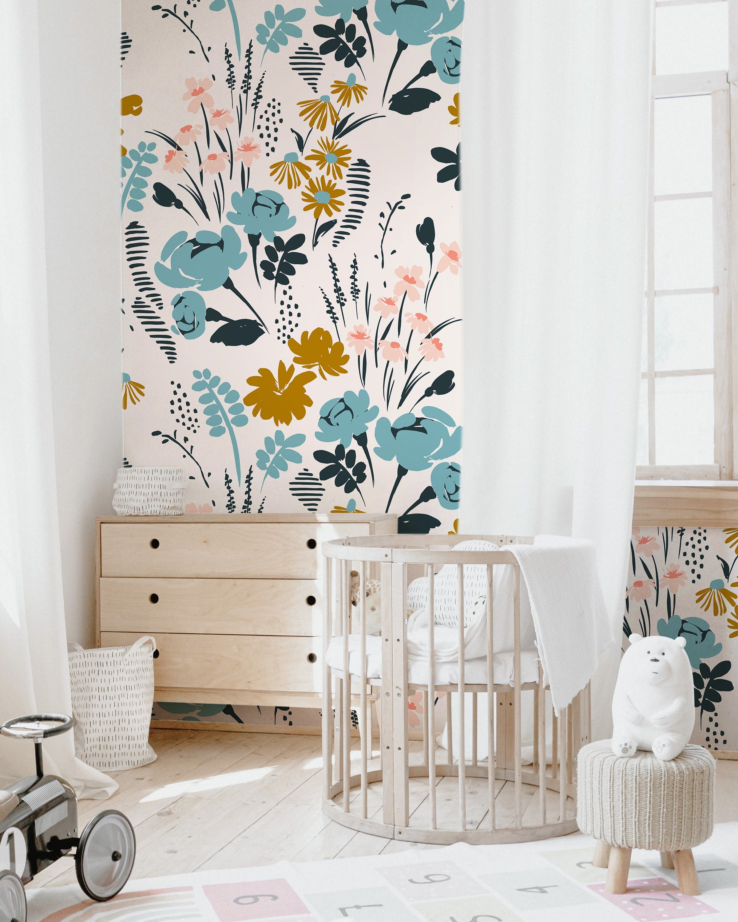 Floral Garden Wallpaper | Girls Nursery Wallpaper | Kids Wallpaper | Childrens Wallpaper | Peel Stick Removable Wallpaper | 359