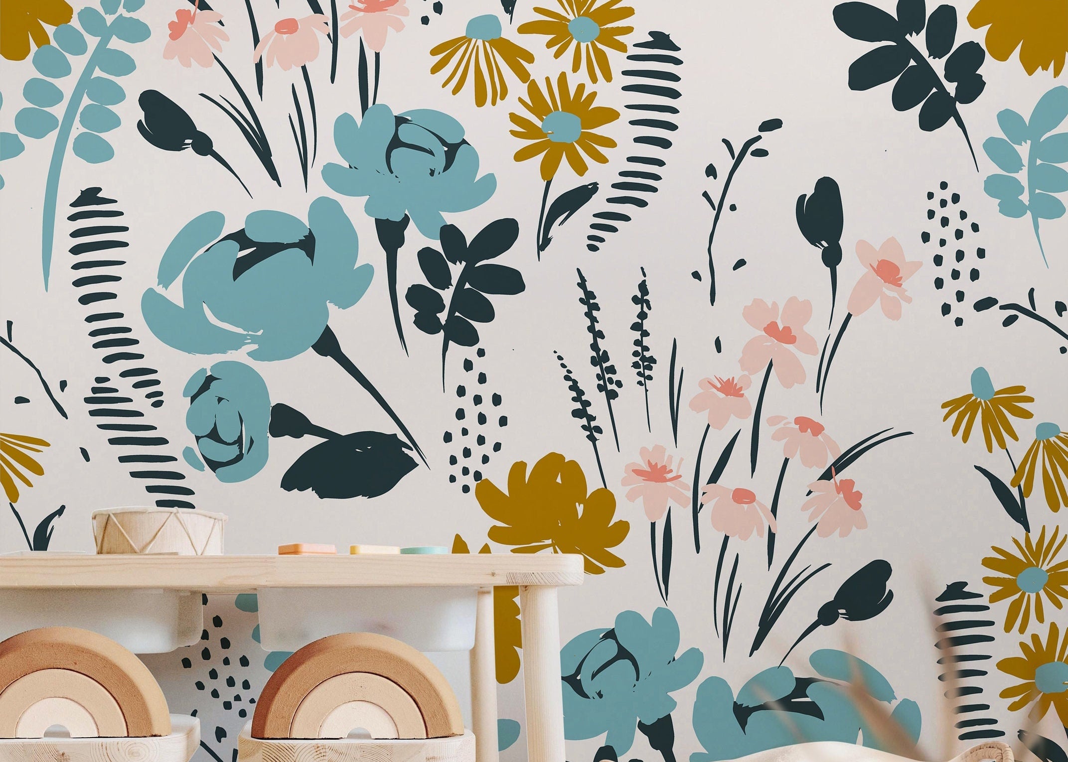 Floral Garden Wallpaper | Girls Nursery Wallpaper | Kids Wallpaper | Childrens Wallpaper | Peel Stick Removable Wallpaper | 359