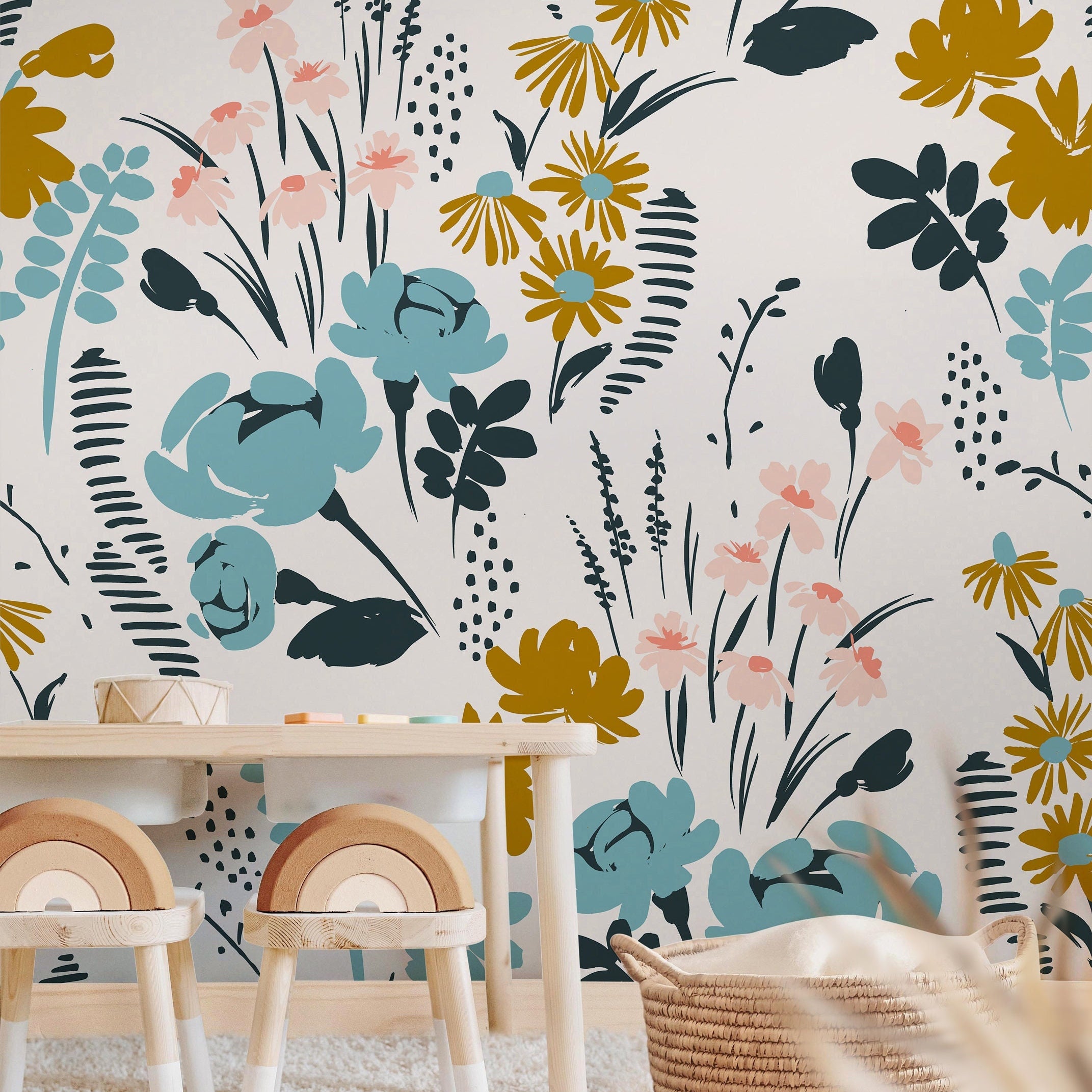 Floral Garden Wallpaper | Girls Nursery Wallpaper | Kids Wallpaper | Childrens Wallpaper | Peel Stick Removable Wallpaper | 359