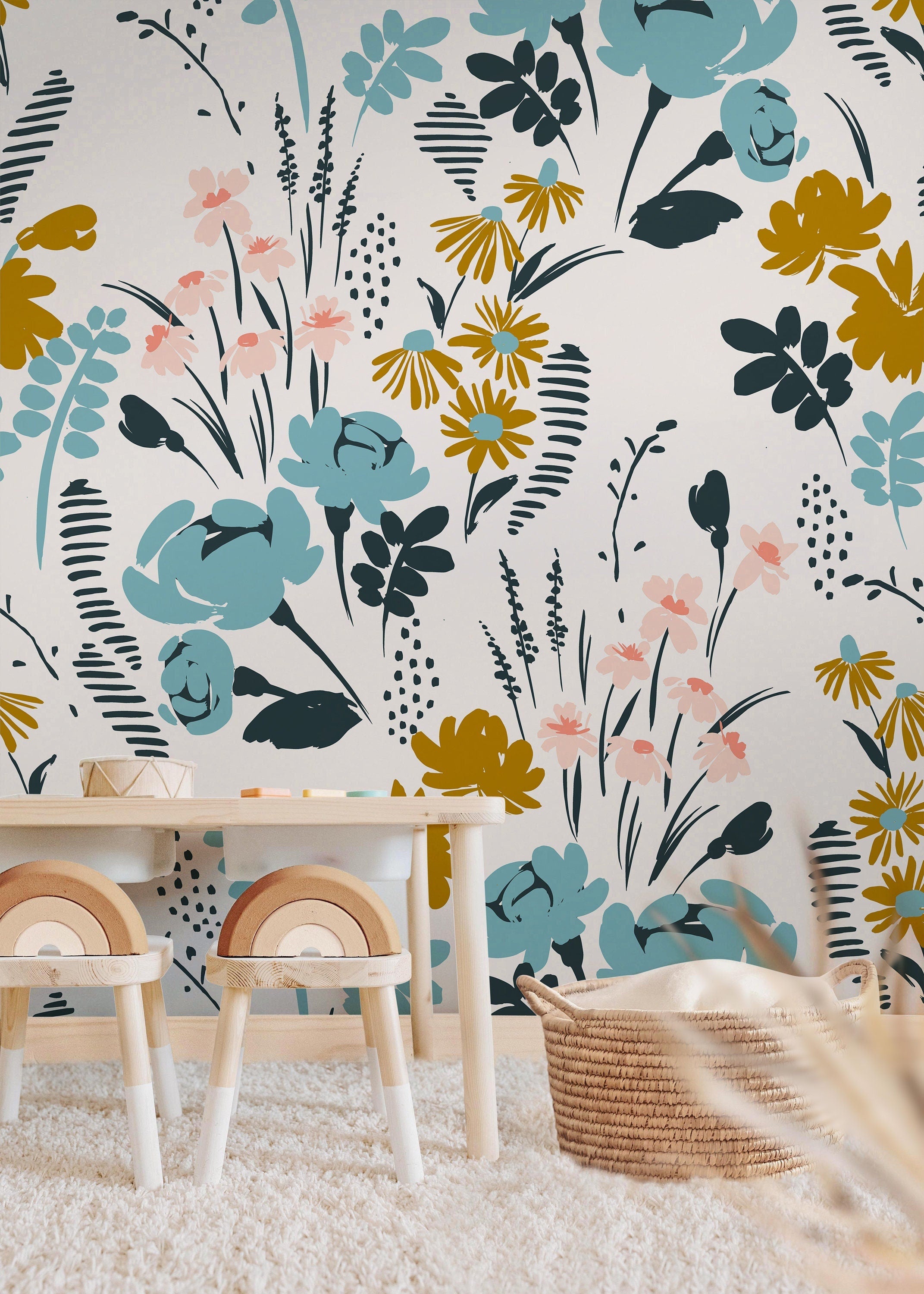 Floral Garden Wallpaper | Girls Nursery Wallpaper | Kids Wallpaper | Childrens Wallpaper | Peel Stick Removable Wallpaper | 359
