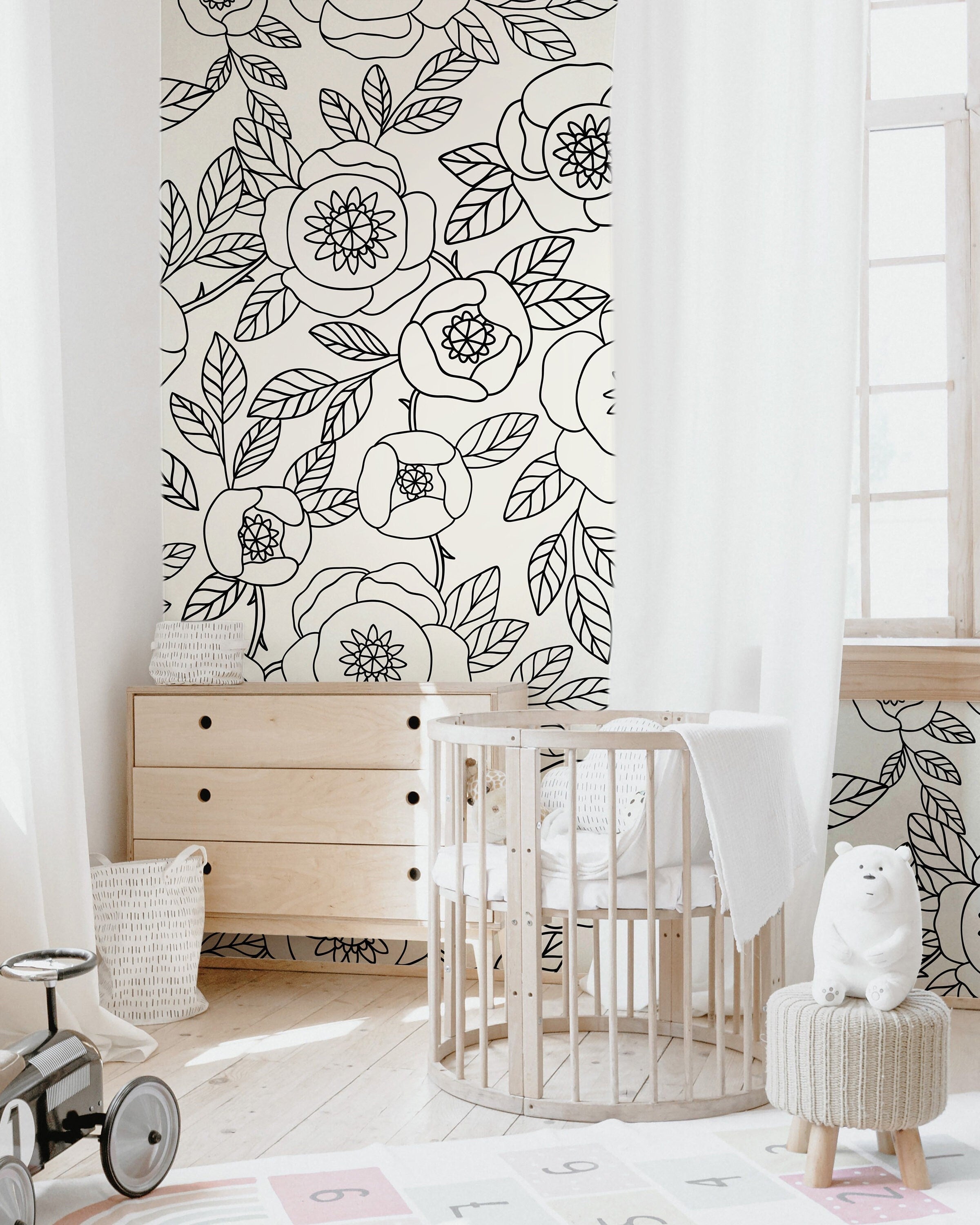 Black Cream Floral Outline Wallpaper | Girls Nursery Wallpaper | Kids Wallpaper | Childrens Wallpaper | Peel Stick Removable Wallpaper | 360