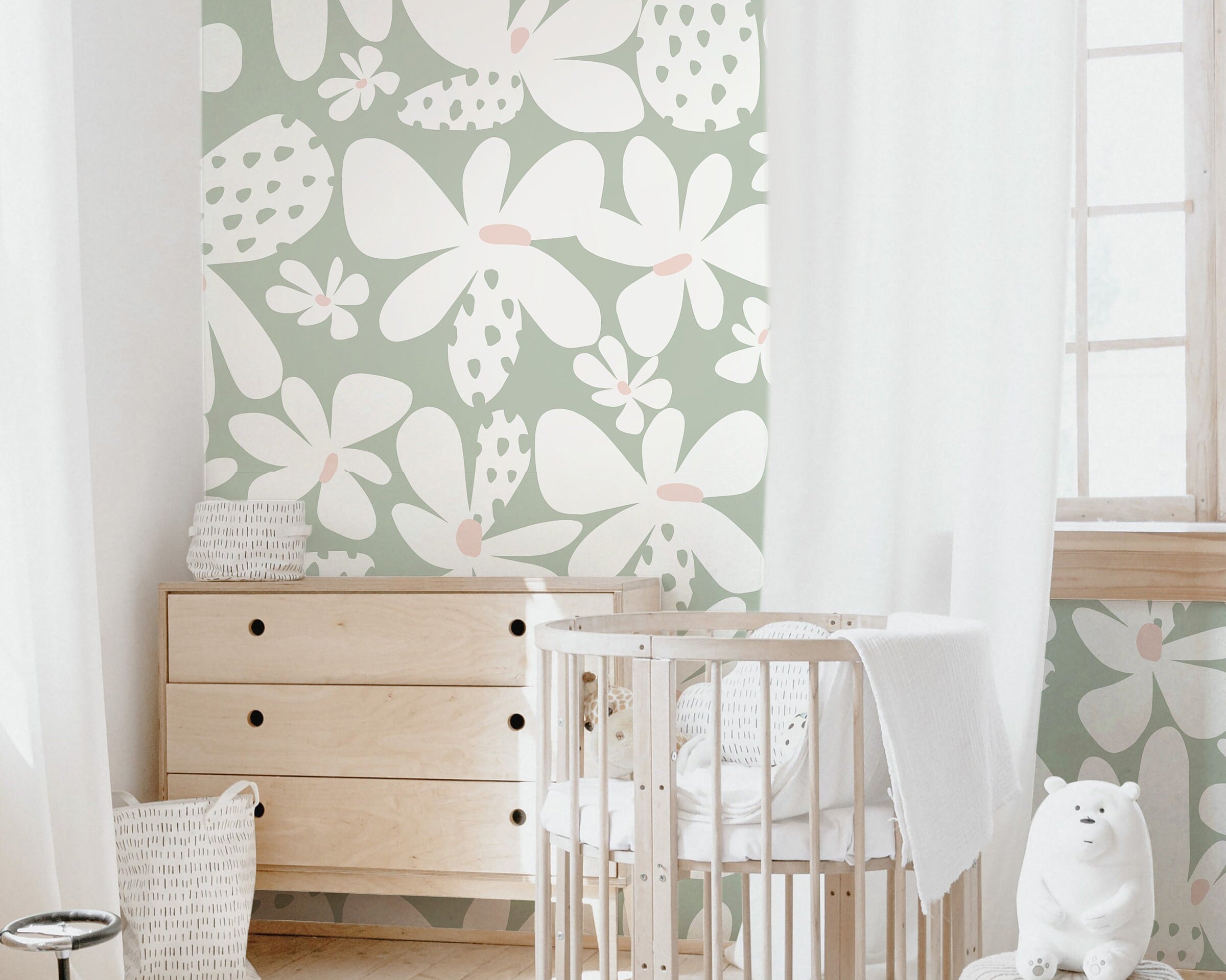 Large Retro Floral Pastel Wallpaper | Girls Nursery Wallpaper | Kids Wallpaper | Childrens Wallpaper | Peel Stick Removable Wallpaper | 365