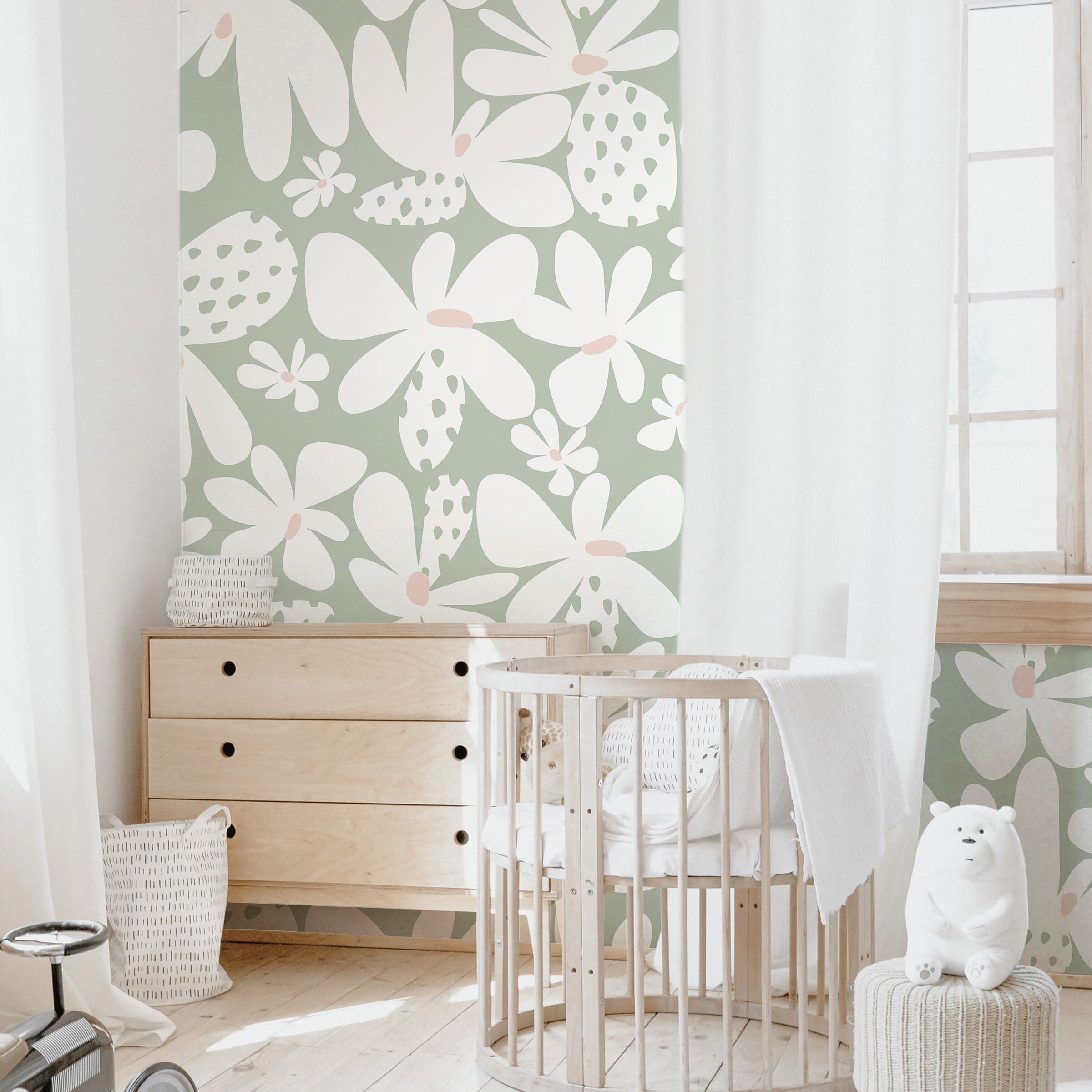 Large Retro Floral Pastel Wallpaper | Girls Nursery Wallpaper | Kids Wallpaper | Childrens Wallpaper | Peel Stick Removable Wallpaper | 365