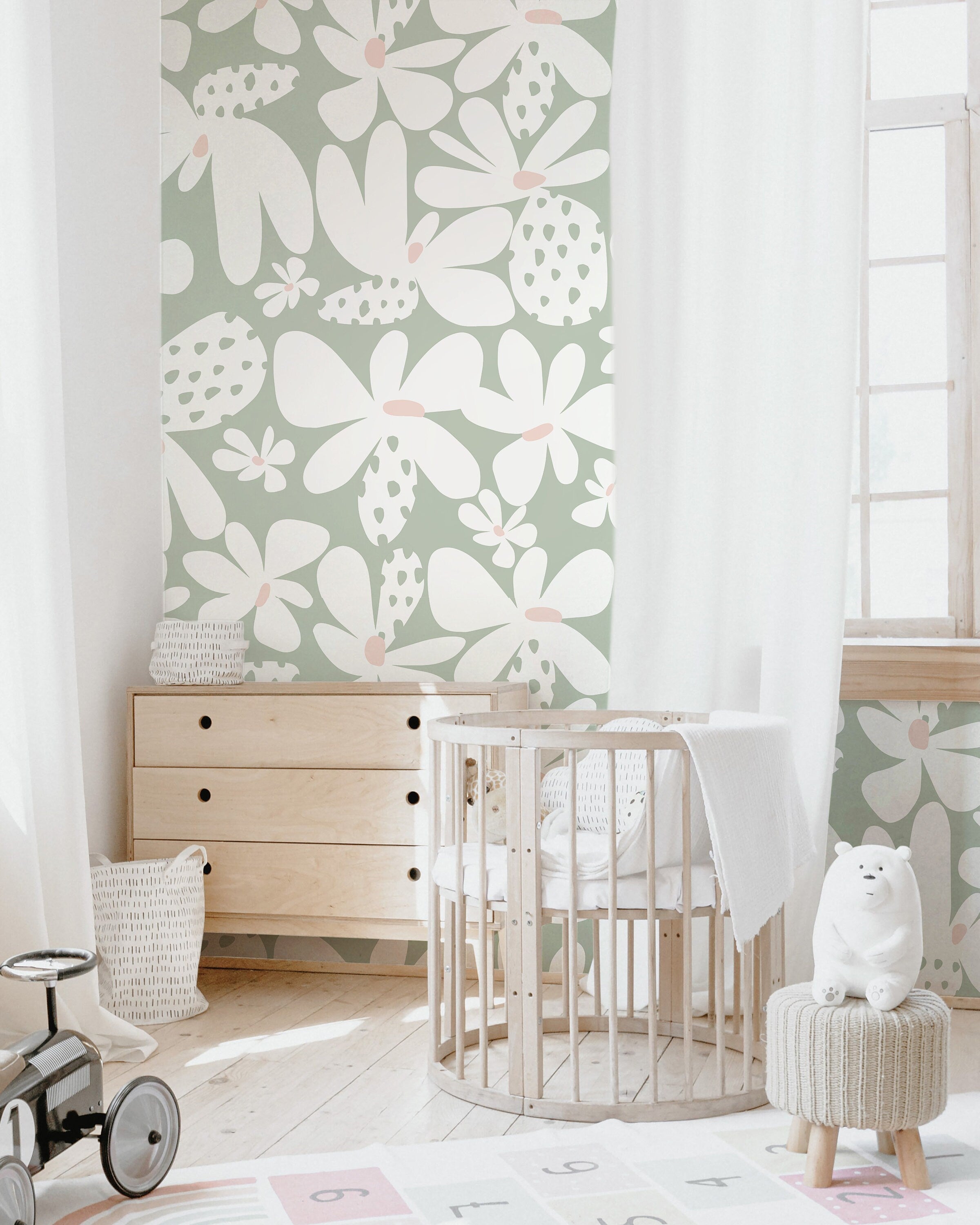 Large Retro Floral Pastel Wallpaper | Girls Nursery Wallpaper | Kids Wallpaper | Childrens Wallpaper | Peel Stick Removable Wallpaper | 365