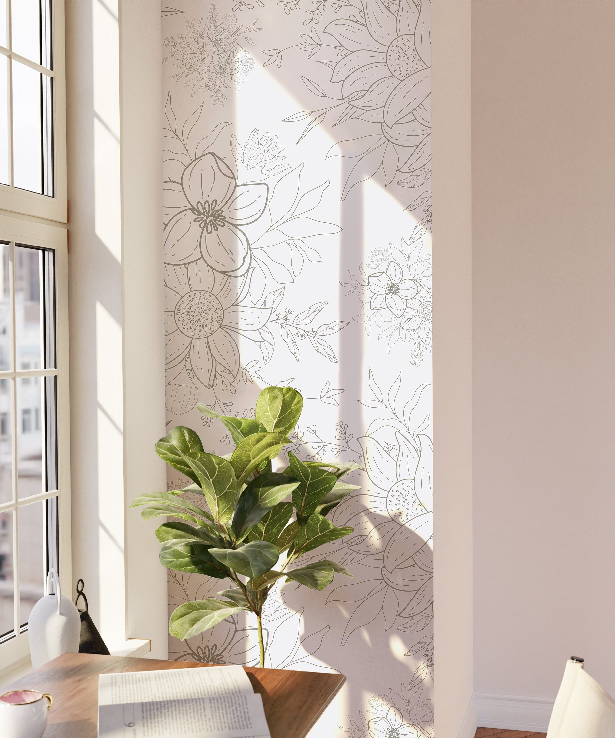 Wallpaper Peel and Stick Wallpaper Gray Outline Wildflower Floral Removable Wallpaper Wall Decor Home Decor Wall Art Room Decor 265