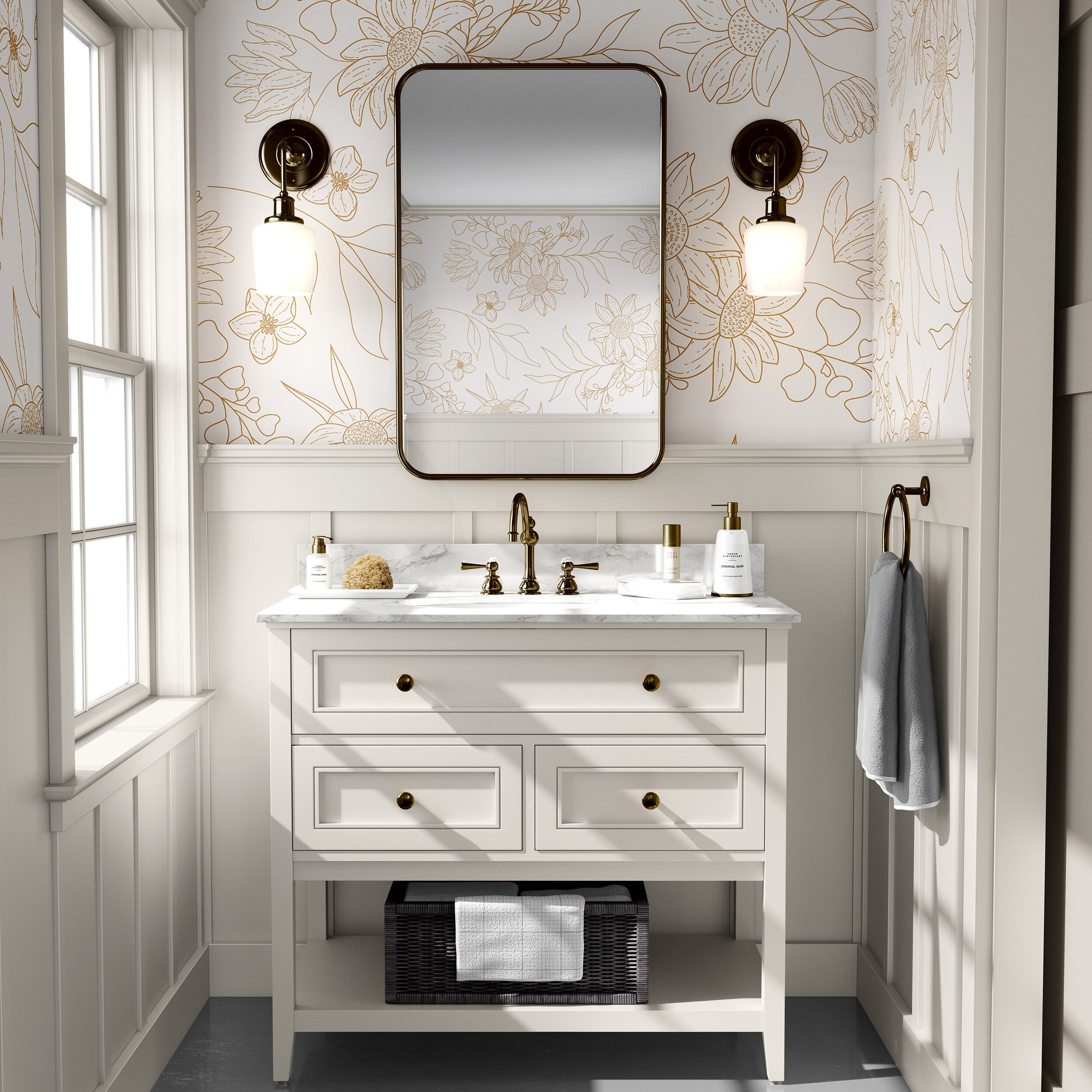 Wallpaper Peel and Stick Wallpaper Golden Outline Wildflower Floral Removable Wallpaper Wall Decor Home Decor Wall Art Room Decor 275