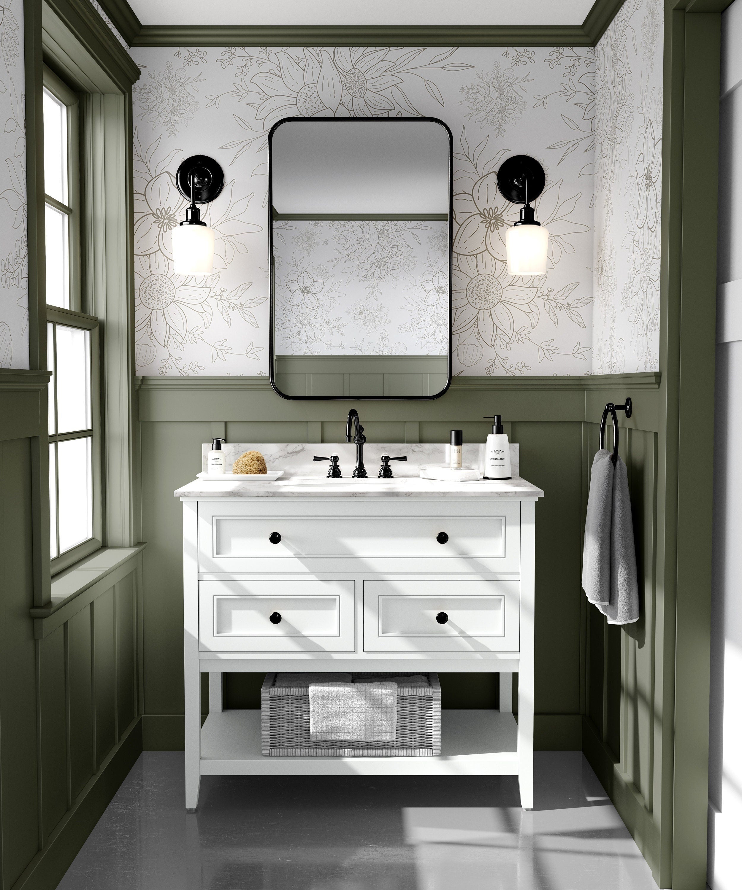 Wallpaper 265: "A sophisticated neutral floral wallpaper featuring delicate hand-drawn botanical outlines in beige and white. A perfect choice for bathrooms, bedrooms, and elegant accent walls, complementing both modern and vintage décor.