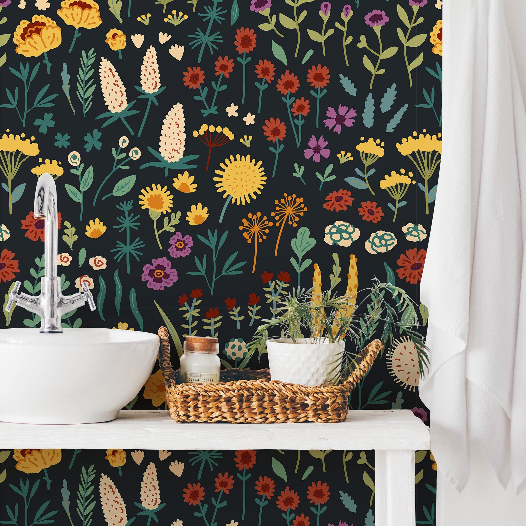 Wallpaper Peel and Stick Wallpaper Dark Colorful Wildflower Floral Removable Wallpaper Wall Decor Home Decor Wall Art Room Decor 393