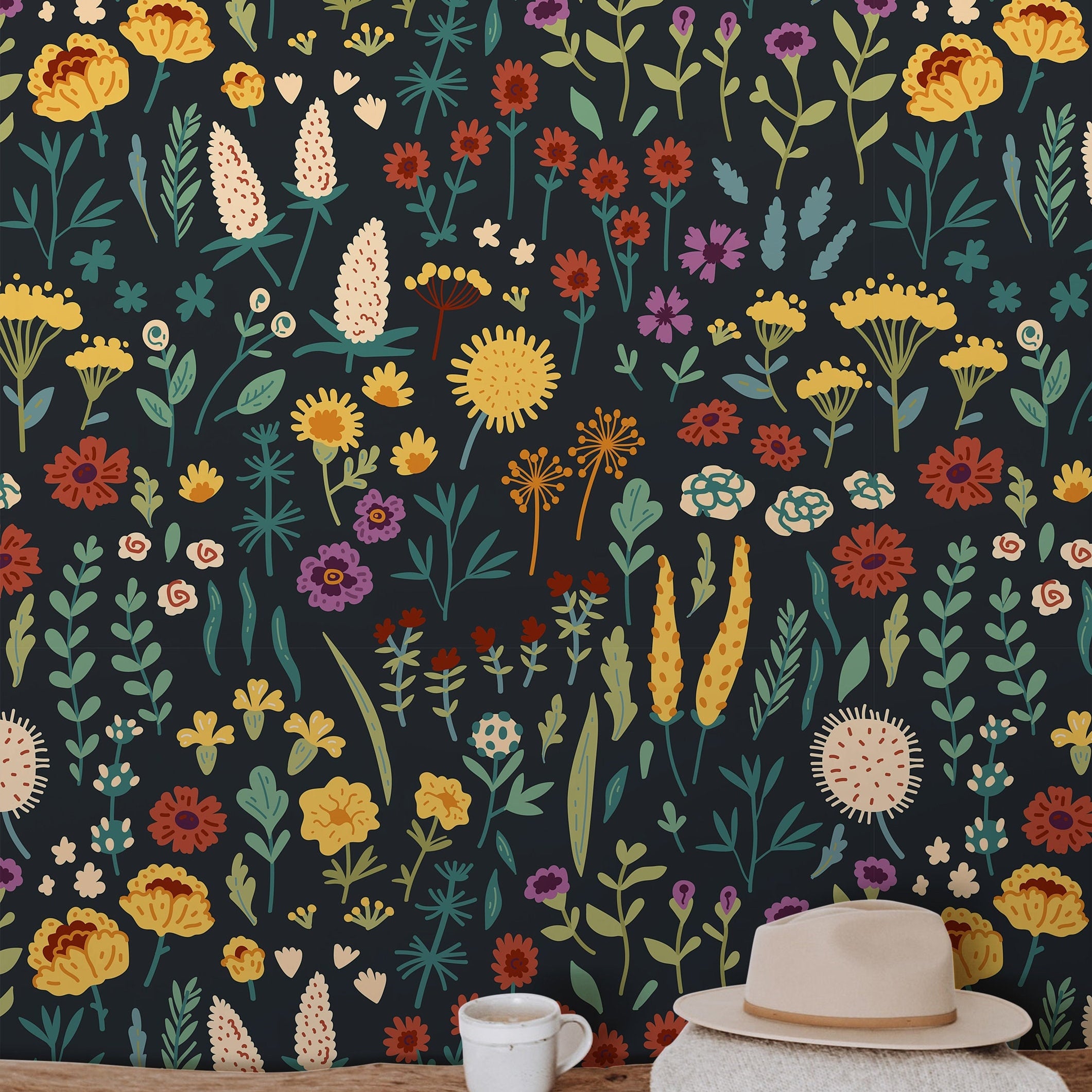 Wallpaper Peel and Stick Wallpaper Dark Colorful Wildflower Floral Removable Wallpaper Wall Decor Home Decor Wall Art Room Decor 393