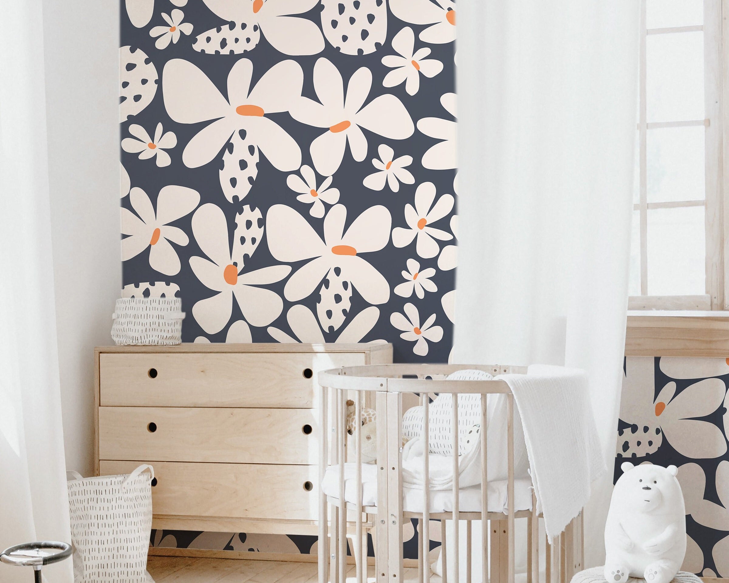 Large Flowers Navy Blue Wallpaper | Girls Nursery Wallpaper | Kids Wallpaper | Childrens Wallpaper | Peel Stick Removable Wallpaper | 367 - James And Colors
