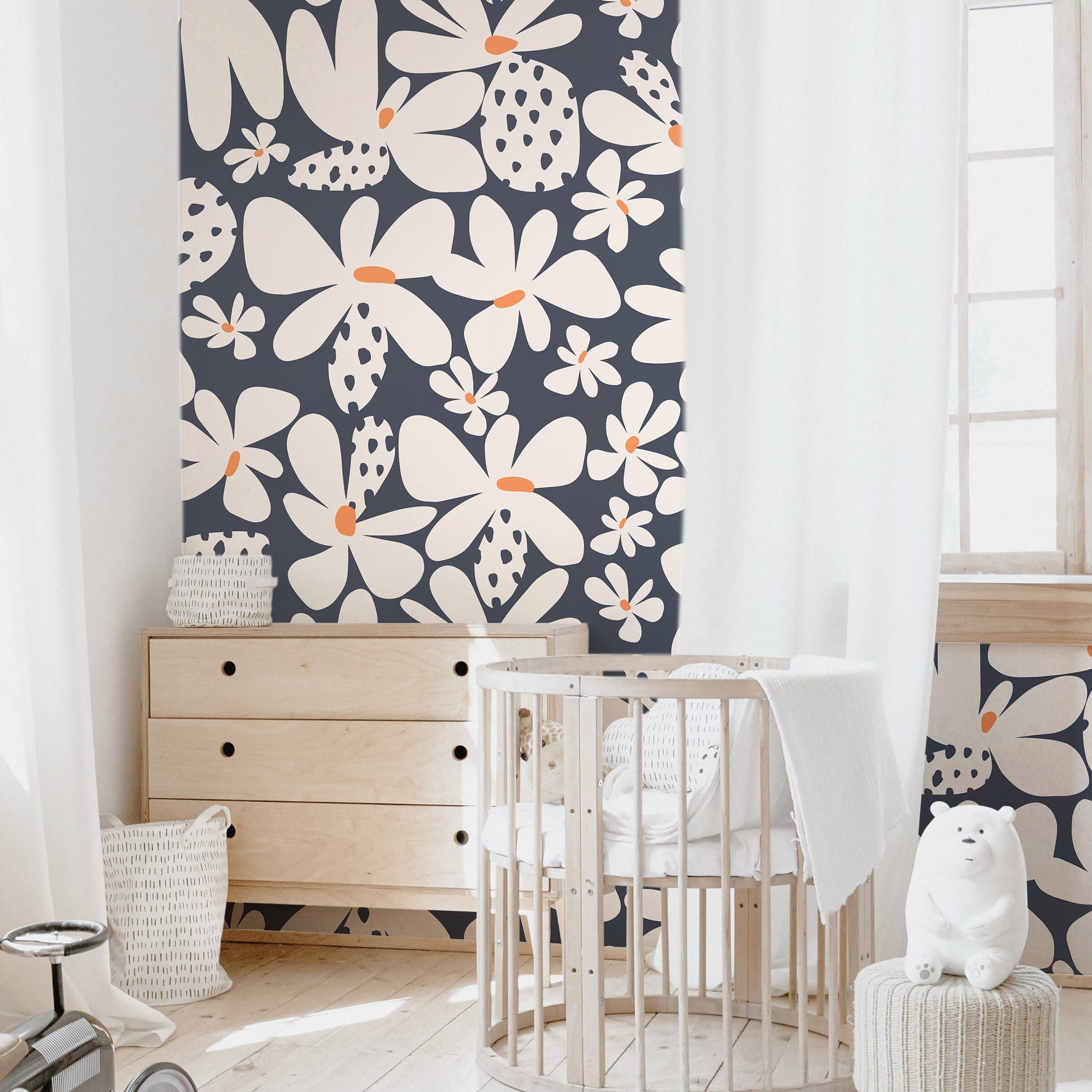 Large Flowers Navy Blue Wallpaper | Girls Nursery Wallpaper | Kids Wallpaper | Childrens Wallpaper | Peel Stick Removable Wallpaper | 367 - James And Colors
