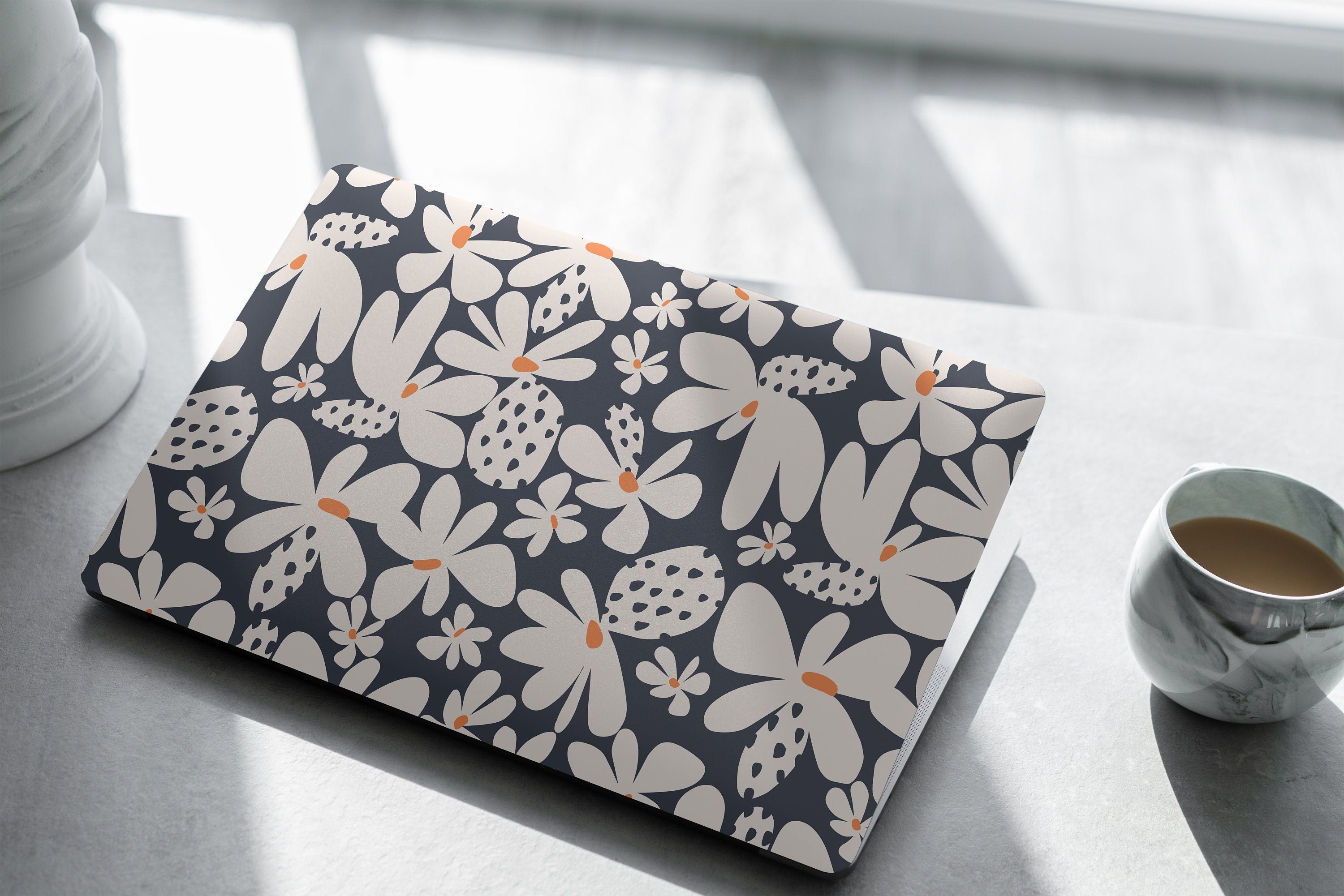Retro Floral Navy Laptop Skin, Laptop Cover, Laptop Skins, Removable Laptop Skins, Laptop Decal, Customized Laptop Skin, Laptop Stickers 301