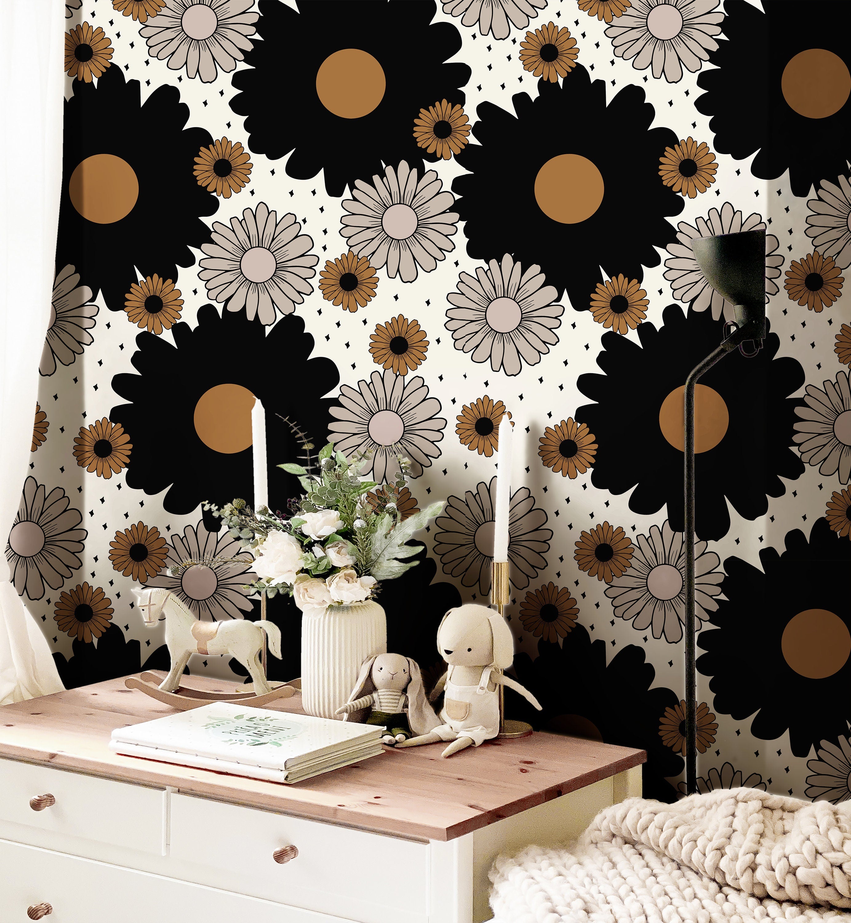 Neutral Daisy Boho Wallpaper | Girls Nursery Wallpaper | Kids Wallpaper | Childrens Wallpaper | Peel Stick Removable Wallpaper | 381 - James And Colors