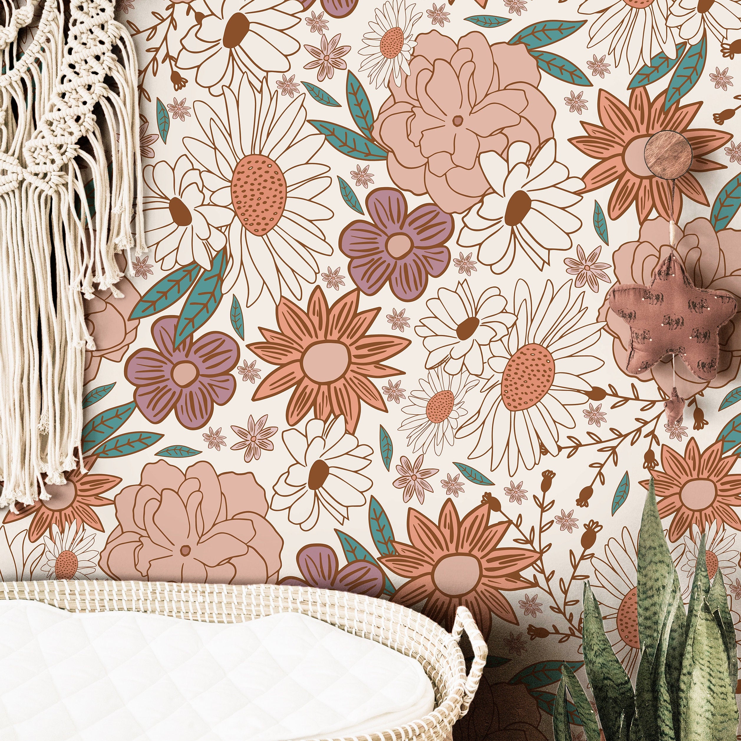 Pink Floral Garden Boho Wallpaper | Girls Nursery Wallpaper | Kids Wallpaper | Childrens Wallpaper | Peel Stick Removable Wallpaper | 384
