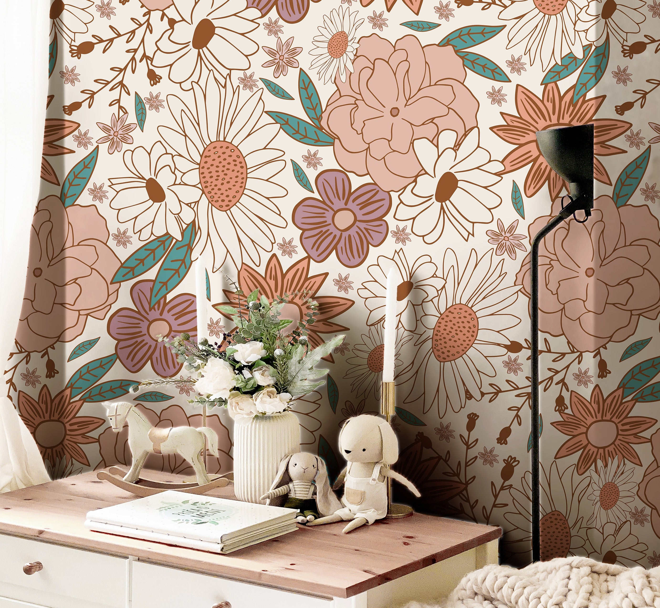Pink Floral Garden Boho Wallpaper | Girls Nursery Wallpaper | Kids Wallpaper | Childrens Wallpaper | Peel Stick Removable Wallpaper | 384