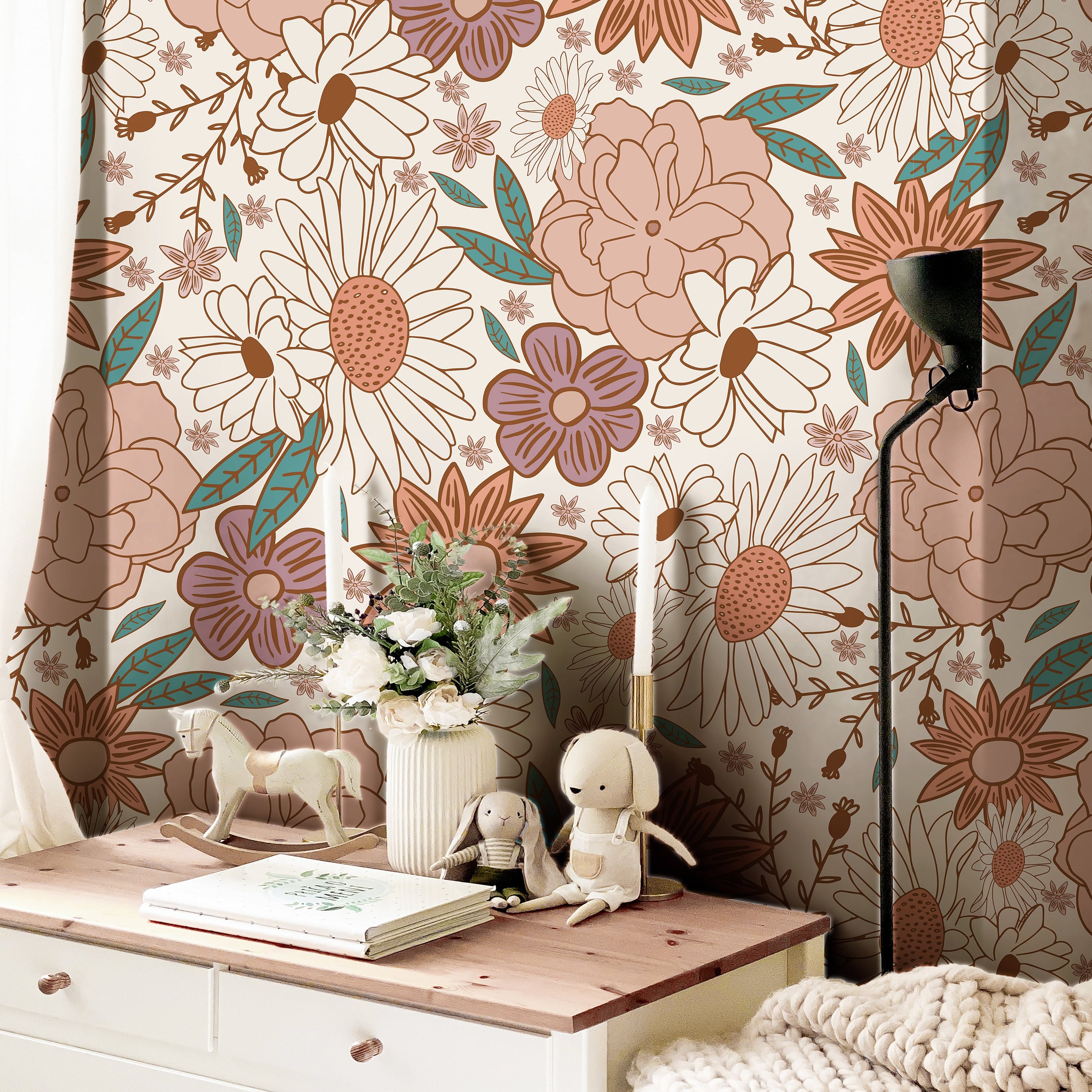 Pink Floral Garden Boho Wallpaper | Girls Nursery Wallpaper | Kids Wallpaper | Childrens Wallpaper | Peel Stick Removable Wallpaper | 384