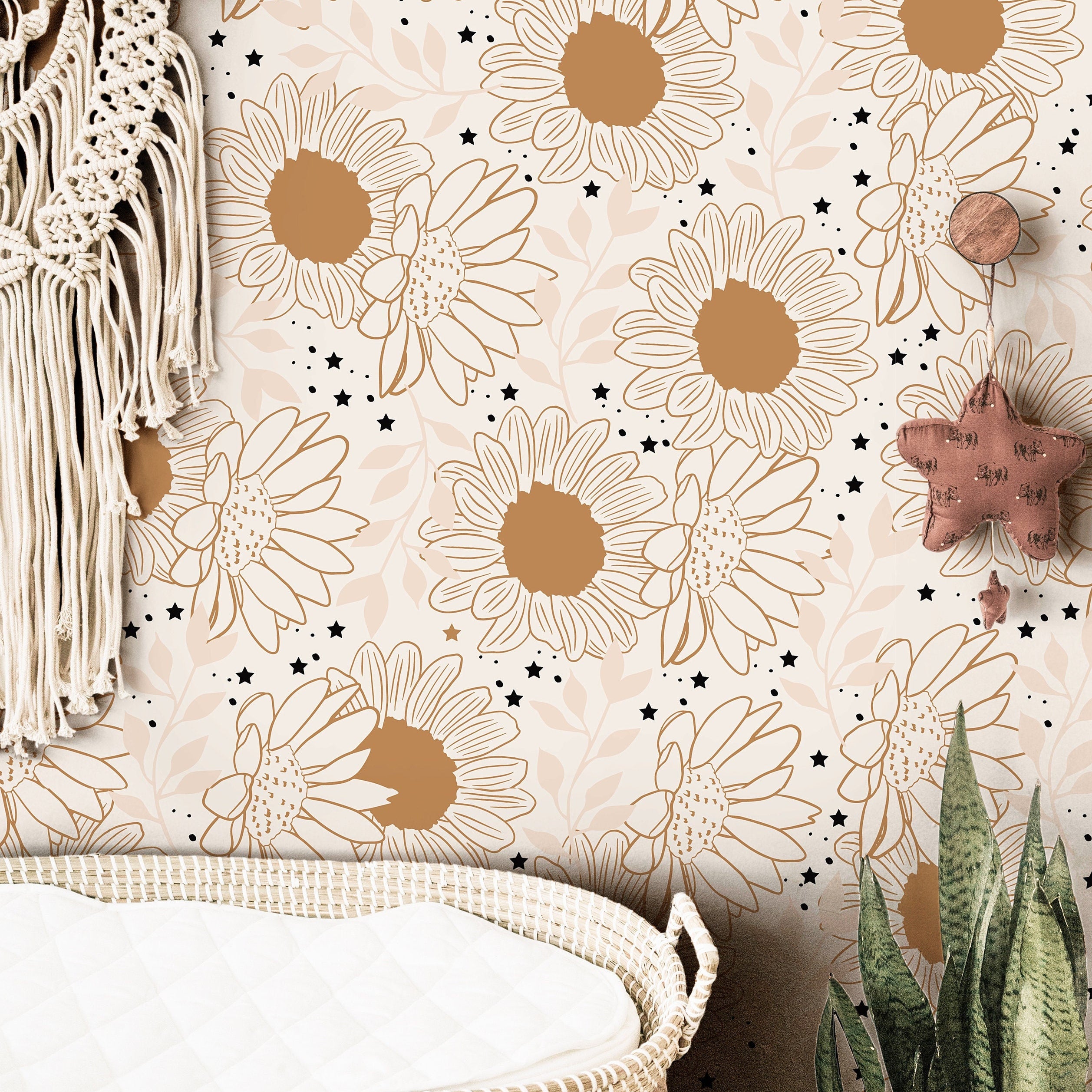 Wallpaper 385: Hand-drawn sunflower wallpaper with celestial star details in warm golden tones, creating a cozy and stylish boho-chic atmosphere.