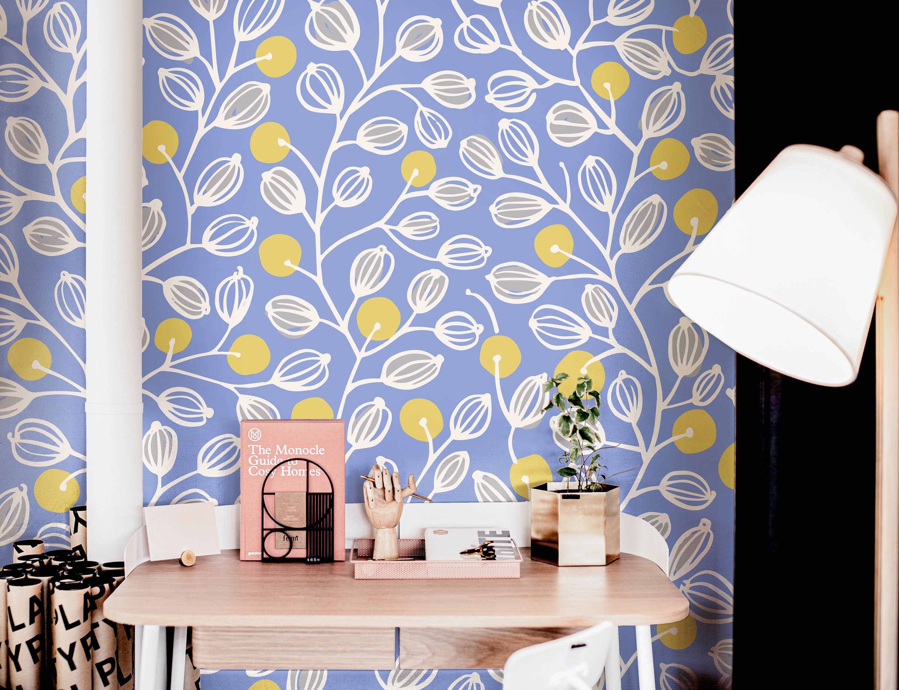 Wallpaper Peel and Stick Wallpaper Blue Yellow Floral Boho Leaves Removable Wallpaper Wall Decor Home Decor Wall Art Room Decor 456