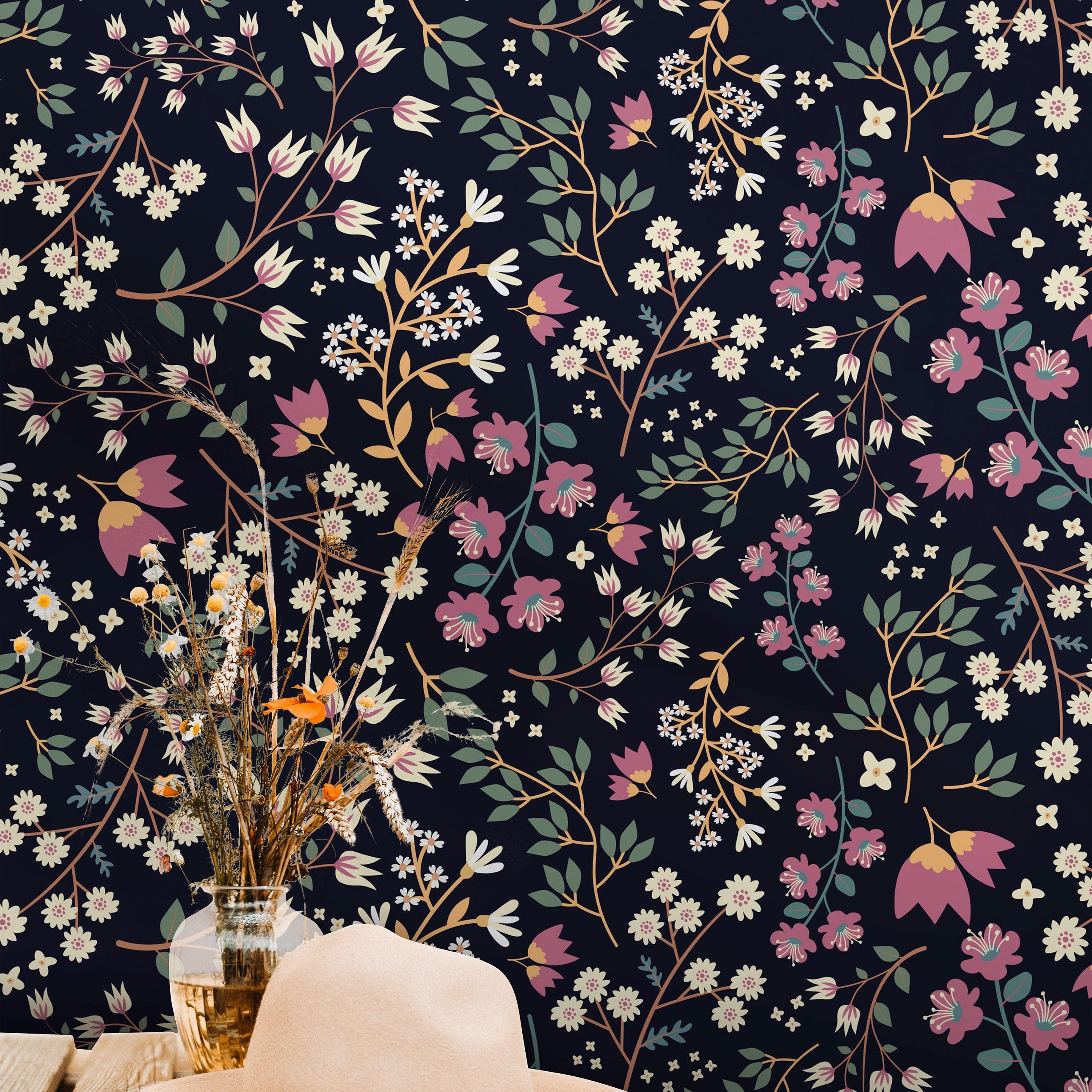 Wallpaper Peel and Stick Wallpaper Midnight Floral Garden Pink White Removable Wallpaper Wall Decor Home Decor Wall Art Room Decor 465