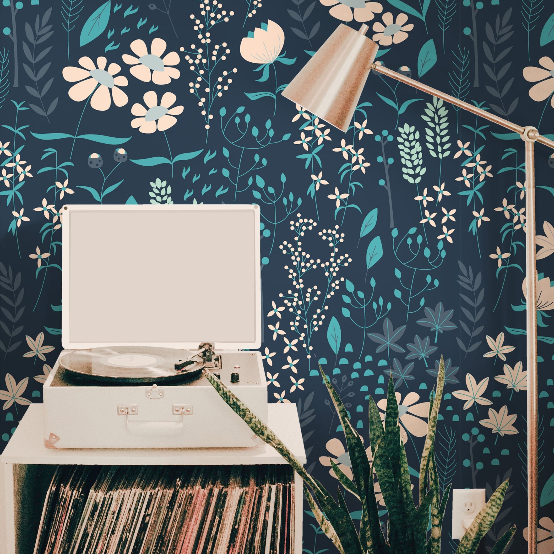 Wallpaper Peel and Stick Wallpaper Dark Blue Floral Garden Cream Flowers Removable Wallpaper Wall Decor Home Decor Wall Art Room Decor 460